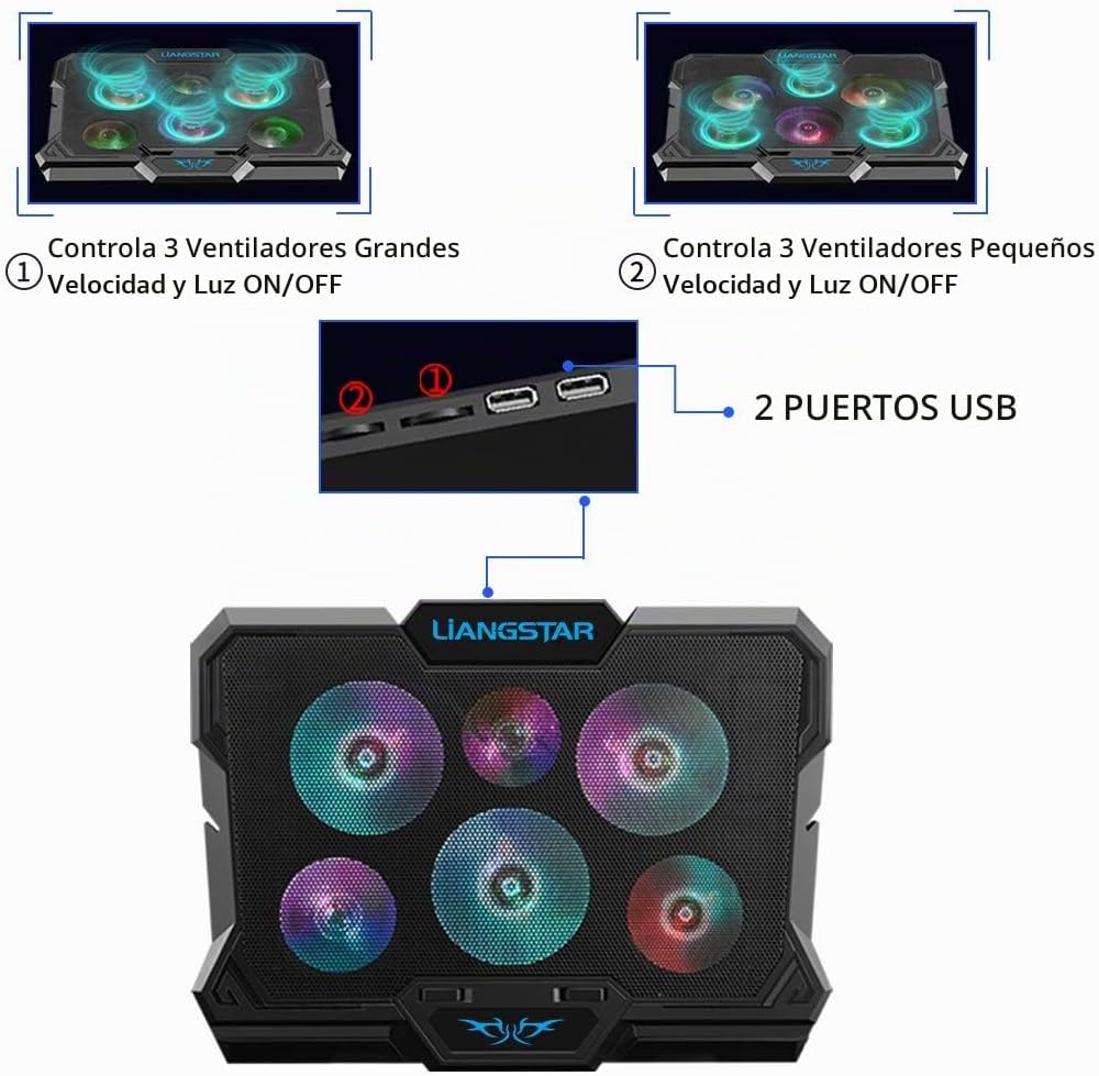 BASE DE ENFRIAMIENTO PARA LAPTOP LIANGSTAR 6 VENTILADORES RGB PARA LAPTOPS 15.6-17 PULGADAS - 5