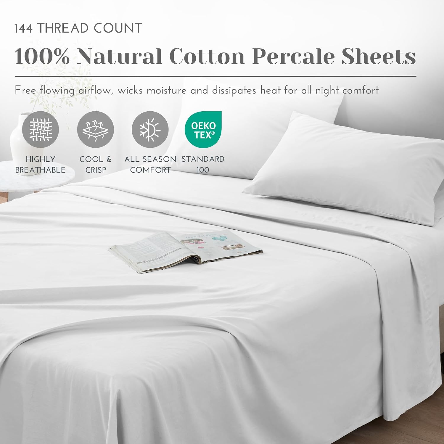 JUEGO DE SÁBANAS COMFORT SPACES QUEEN 100% ALGODÓN PERCAL BLANCO 4 PIEZAS - 2