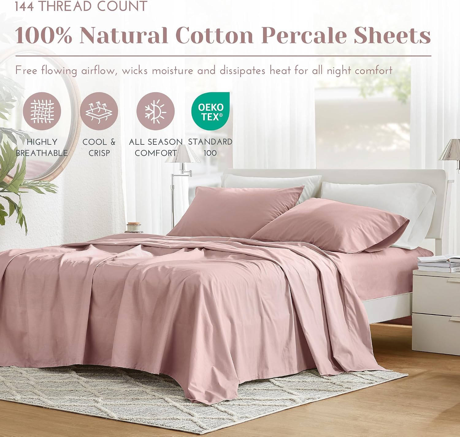 JUEGO DE SÁBANAS COMFORT SPACES QUEEN 100% ALGODÓN PERCAL 4 PIEZAS ROSADO - 2