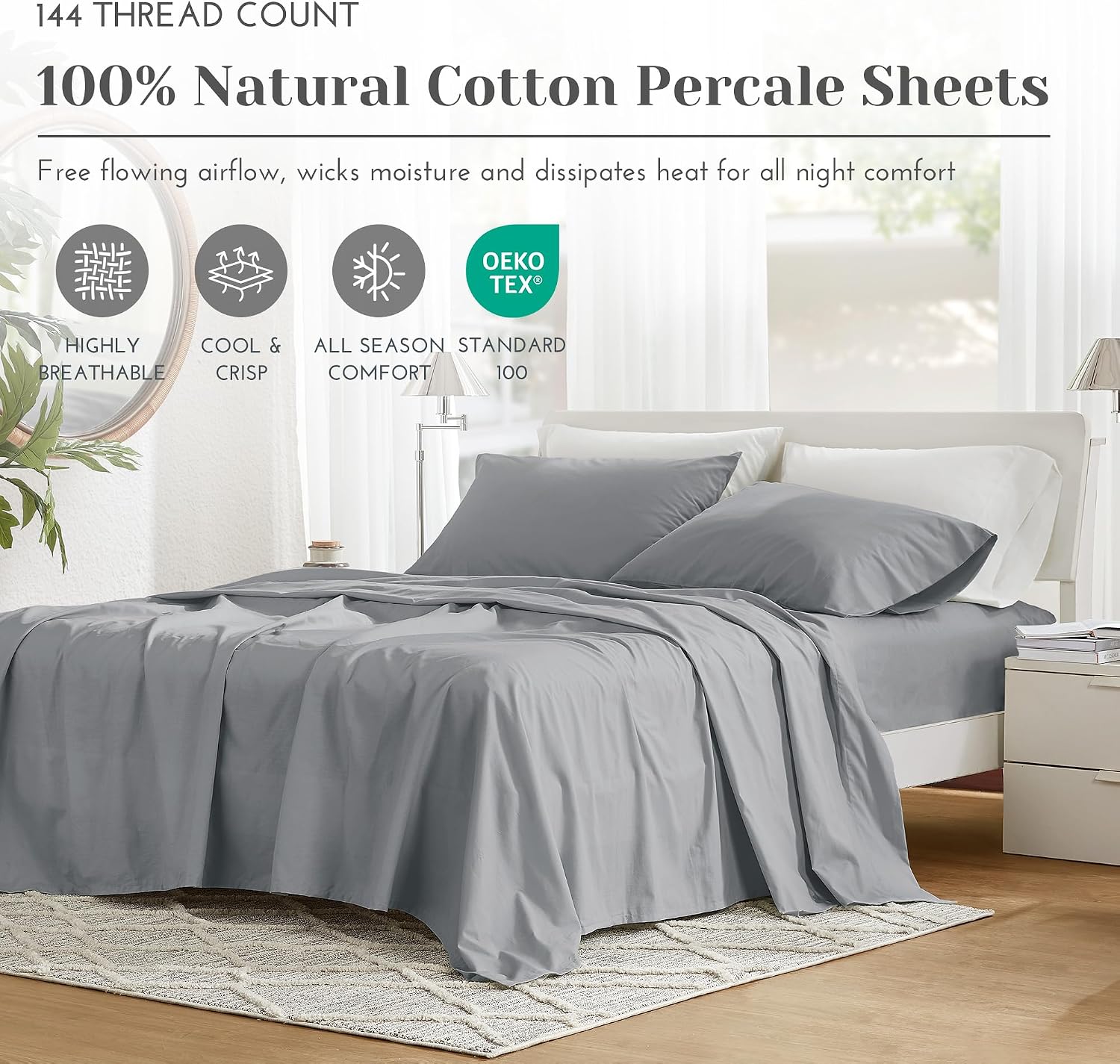 JUEGO DE SÁBANAS COMFORT SPACES QUEEN 100% ALGODÓN PERCAL 4 PIEZAS GRIS OSCURO - 2