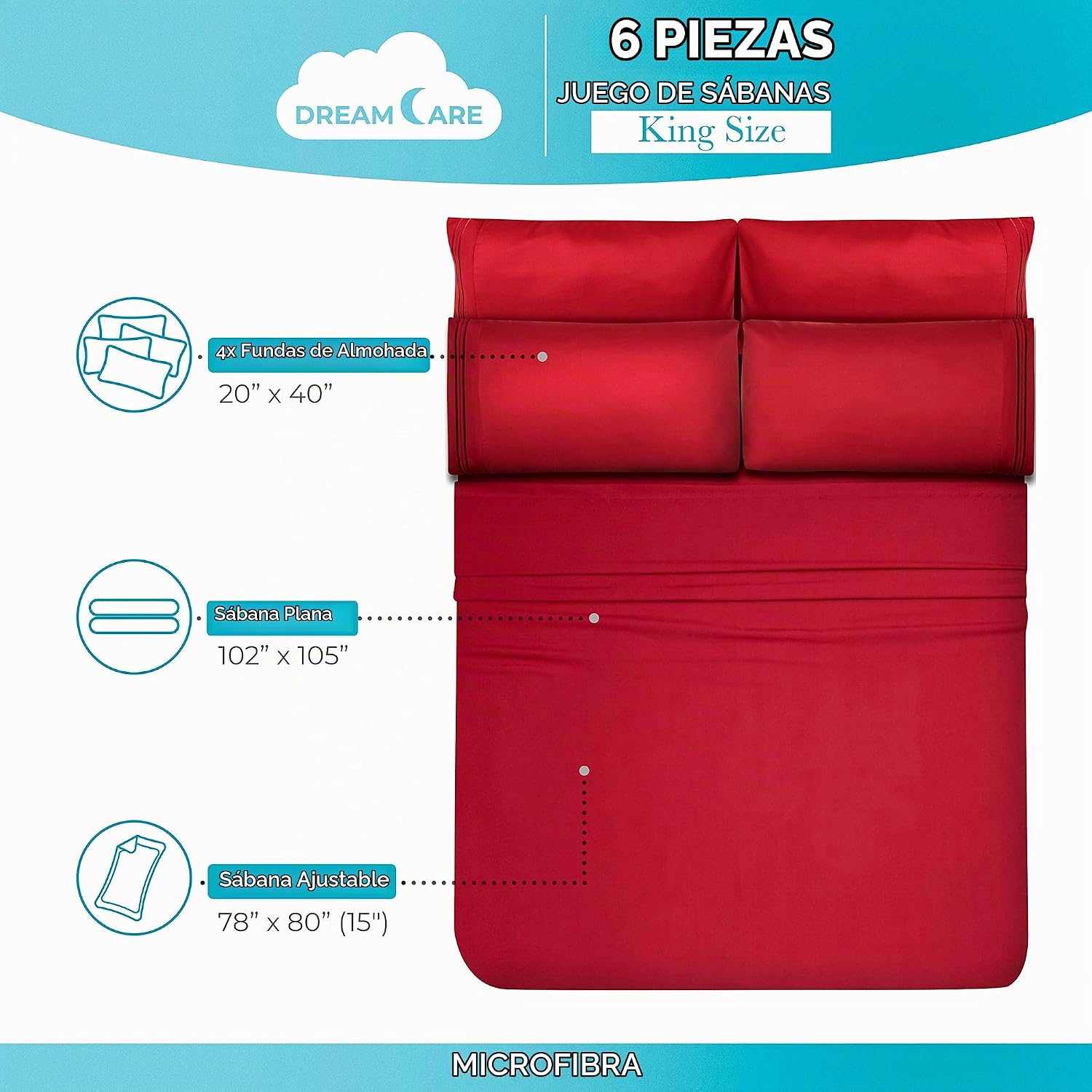 JUEGO DE SÁBANAS KING DREAMCARE 6 PIEZAS MICROFIBRA - 4