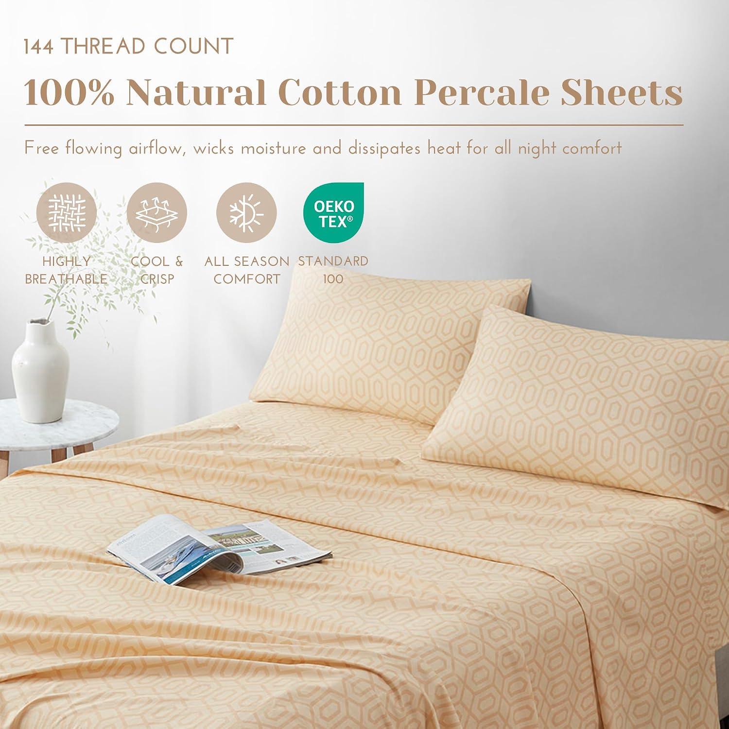 JUEGO DE SÁBANAS COMFORT SPACES PERCALE ALGODÓN 100% QUEEN 4 PIEZAS COLOR TAN DIAMANTE - 2