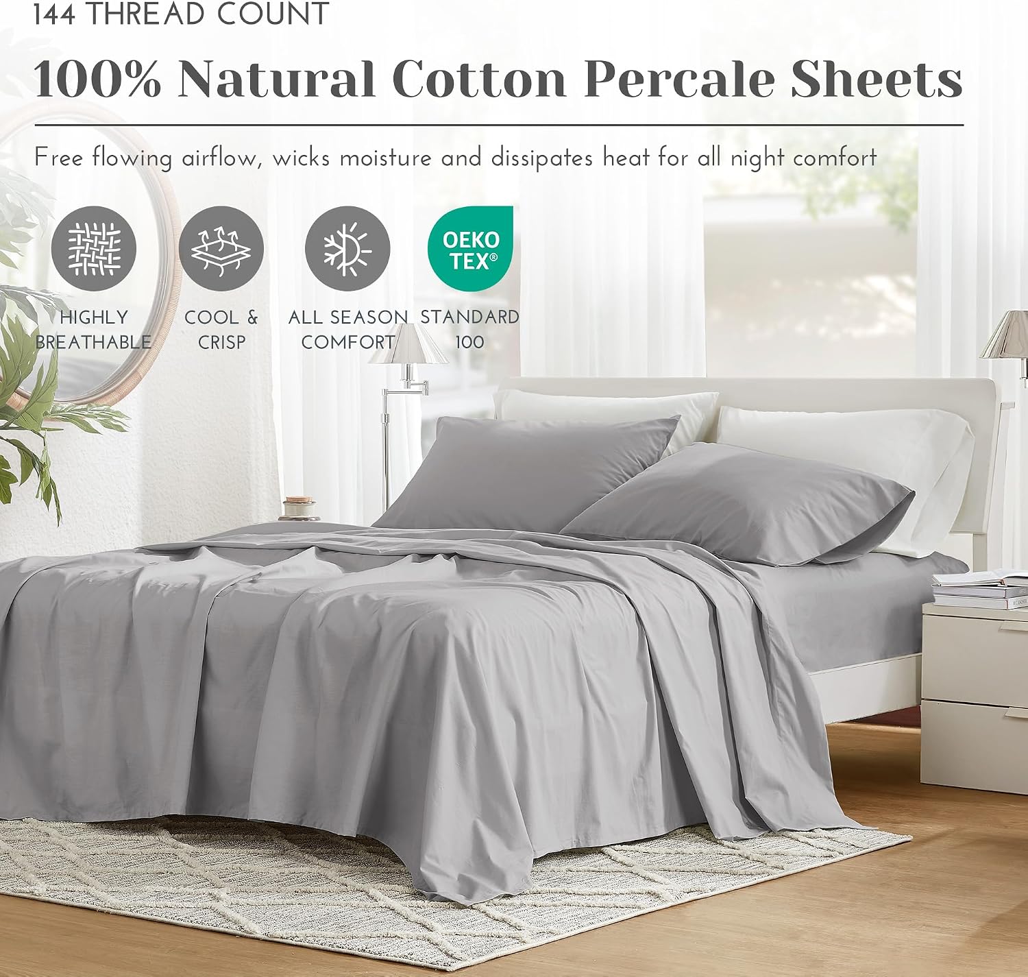 JUEGO DE SÁBANAS COMFORT SPACES QUEEN 4 PIEZAS ALGODÓN PERCAL GRIS - 2