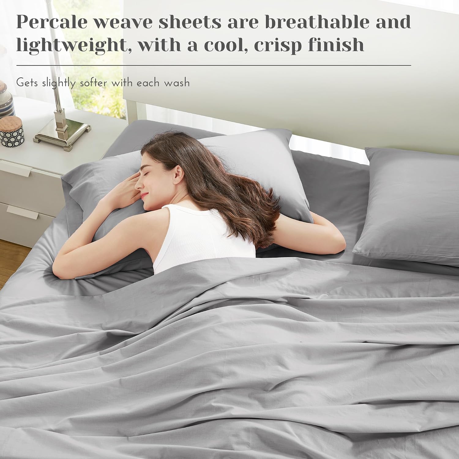 JUEGO DE SÁBANAS COMFORT SPACES QUEEN 4 PIEZAS ALGODÓN PERCAL GRIS - 3