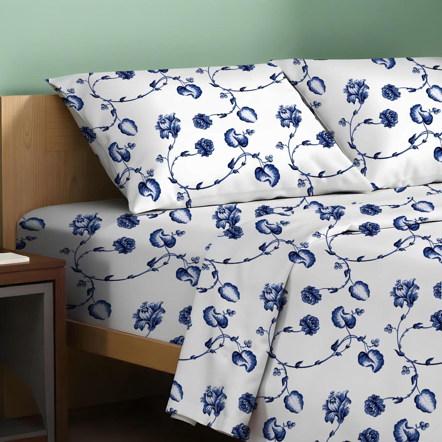JUEGO DE SÁBANAS TEXAS LINEN CO. KING 100% ALGODÓN ORGÁNICO ESTAMPADO FLORAL AZUL 4 PIEZAS - 1