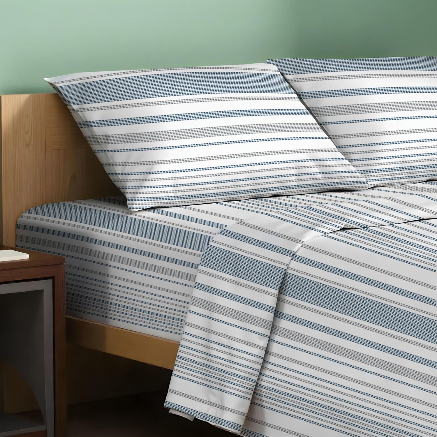 JUEGO DE SÁBANAS TEXAS LINEN CO. TWIN 100% ALGODÓN ORGÁNICO PERCAL ESTAMPADO RAYAS PUNTEADAS - 1
