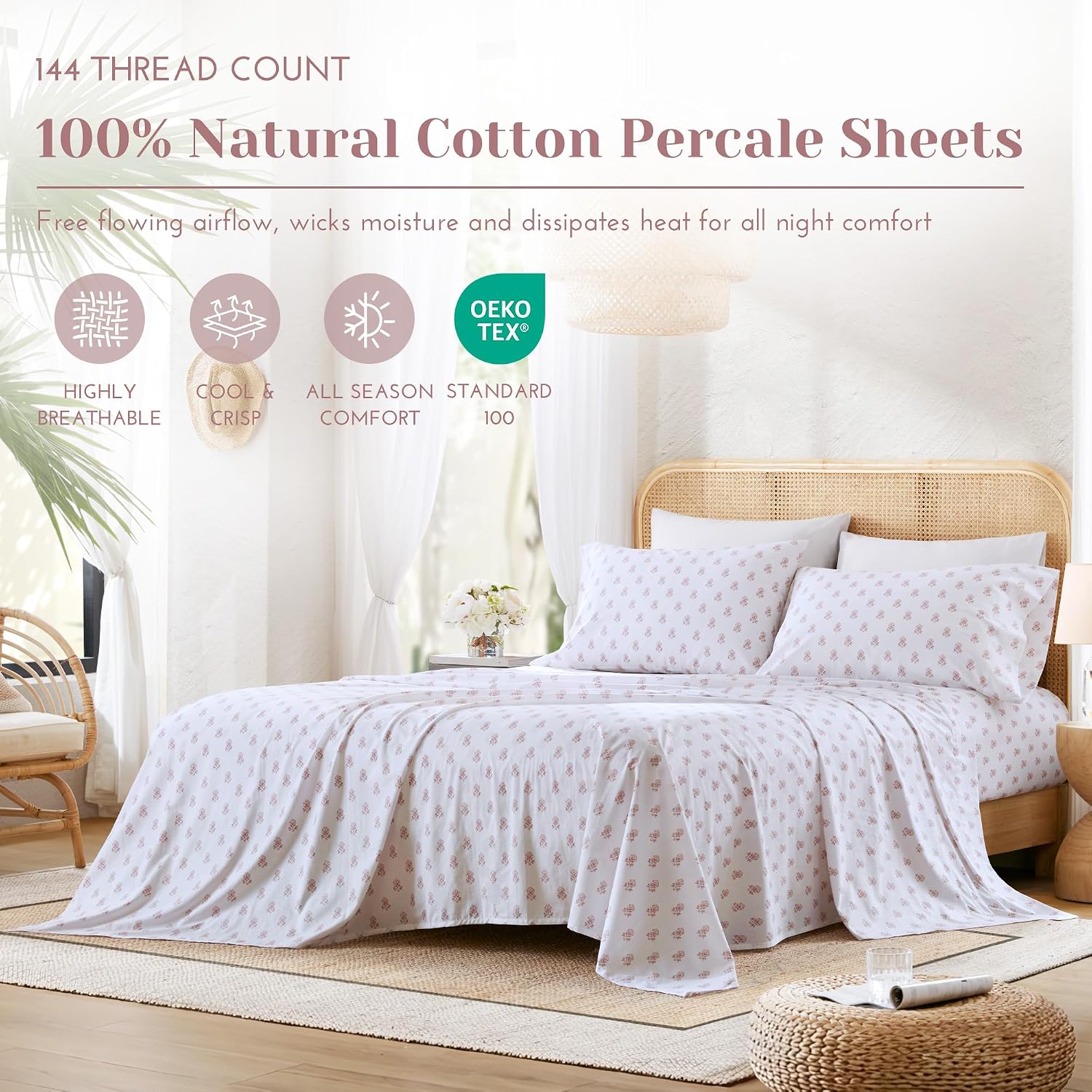 JUEGO DE SÁBANAS COMFORT SPACES QUEEN 4 PIEZAS ALGODÓN PERCAL FLORAL ROSADO - 2