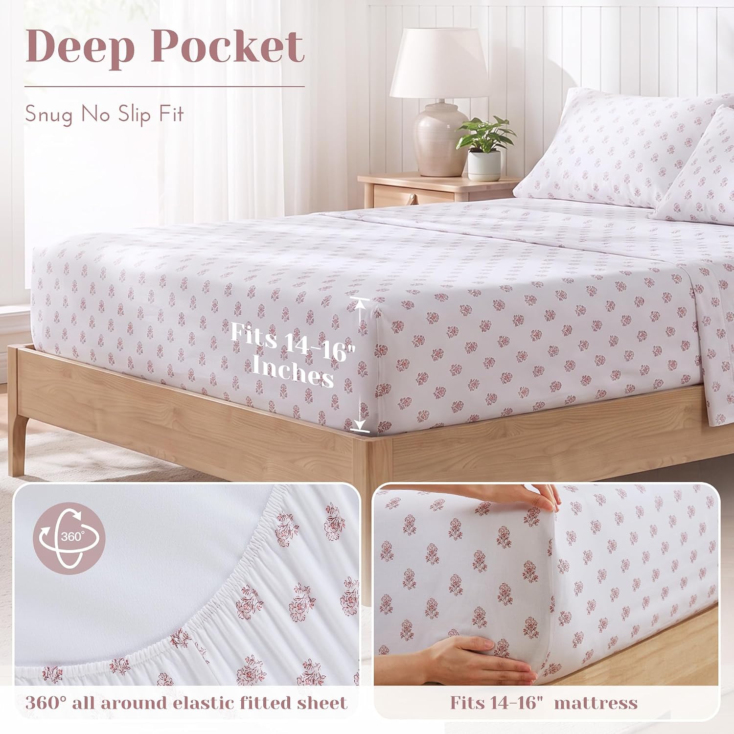 JUEGO DE SÁBANAS COMFORT SPACES QUEEN 4 PIEZAS ALGODÓN PERCAL FLORAL ROSADO - 5