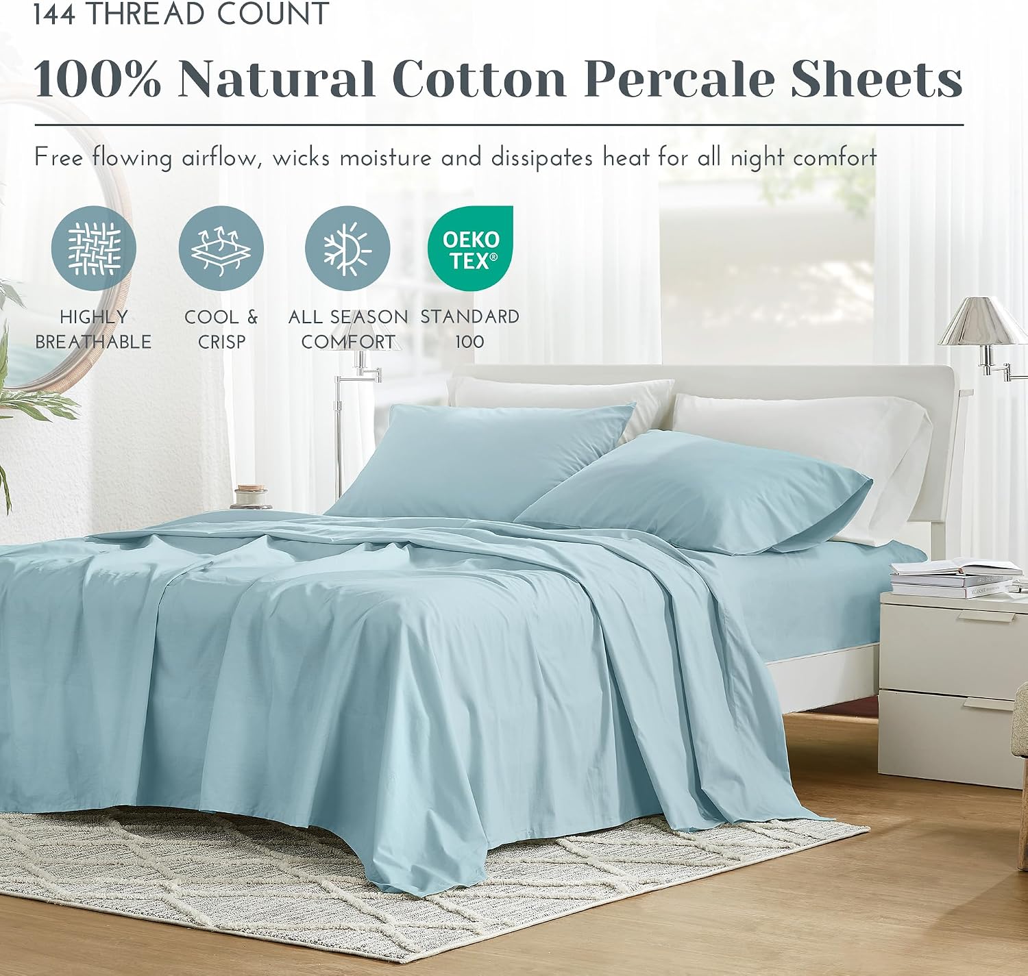 JUEGO DE SÁBANAS COMFORT SPACES QUEEN 100% ALGODÓN PERCAL 4 PIEZAS AZUL CLARO - 2