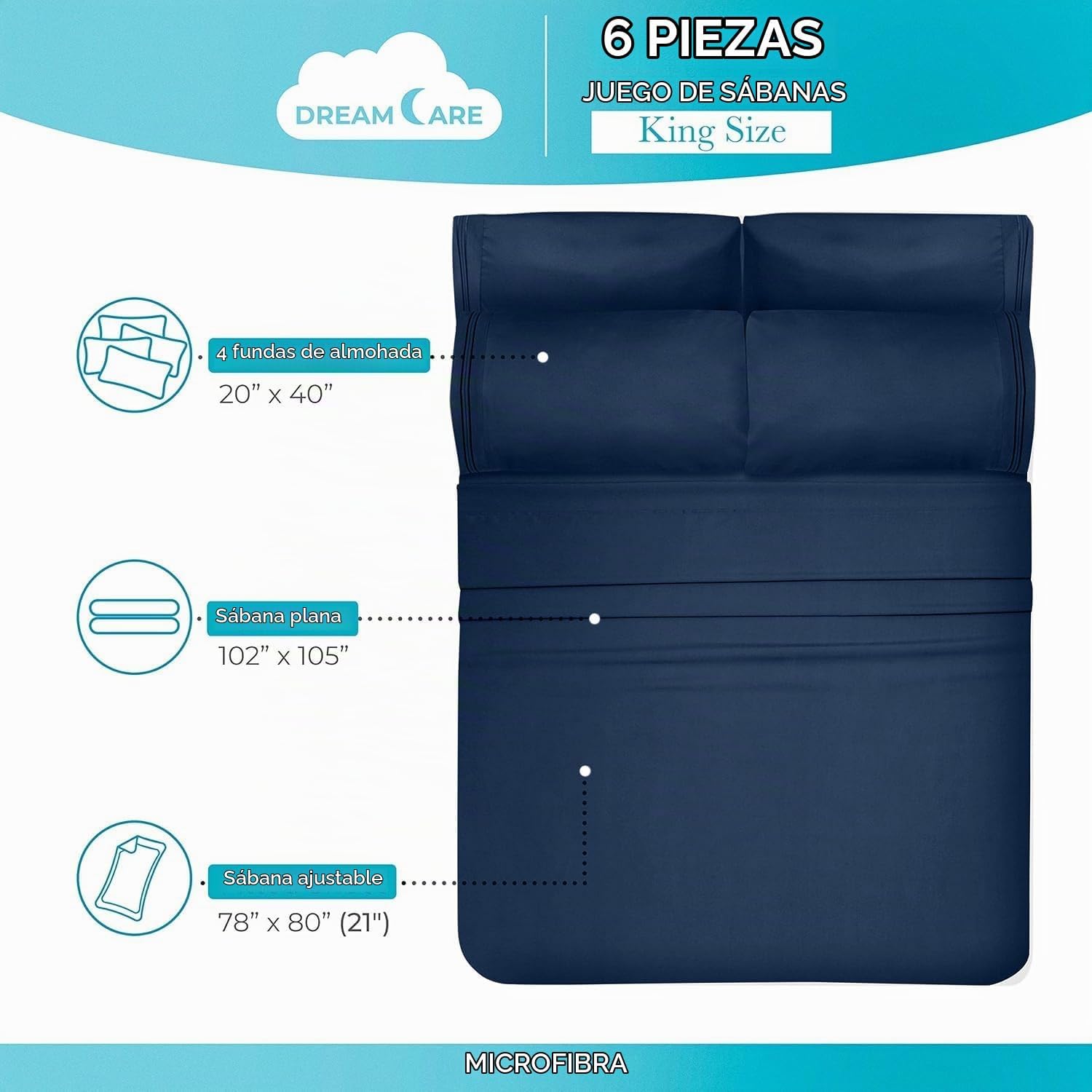 JUEGO DE SÁBANAS KING DREAMCARE 6 PIEZAS MICROFIBRA - 4