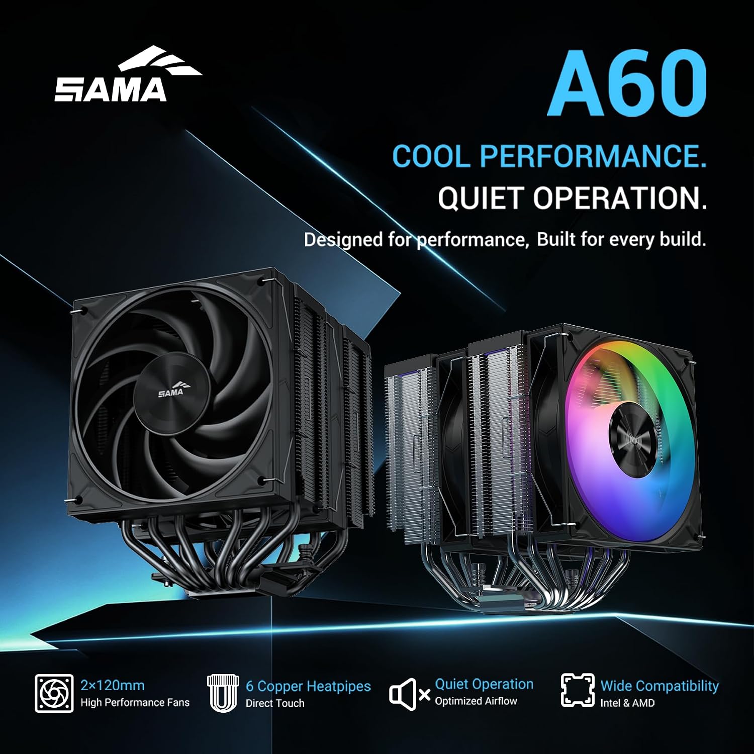 ENFRIADOR DE CPU SAMA A60B DUAL TOWER 265W TDP NEGRO - 2