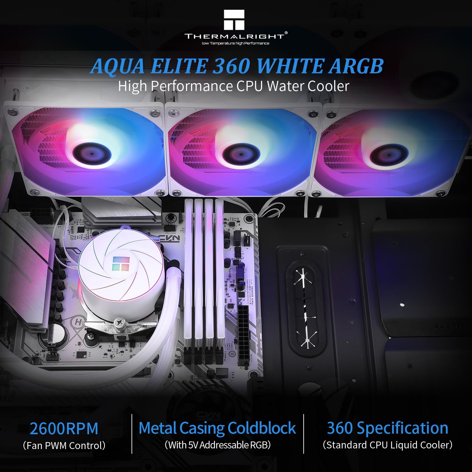 ENFRIADOR LÍQUIDO PARA CPU THERMALRIGHT AQUA ELITE 360 WHITE ARGB CON 3 VENTILADORES PWM - 2