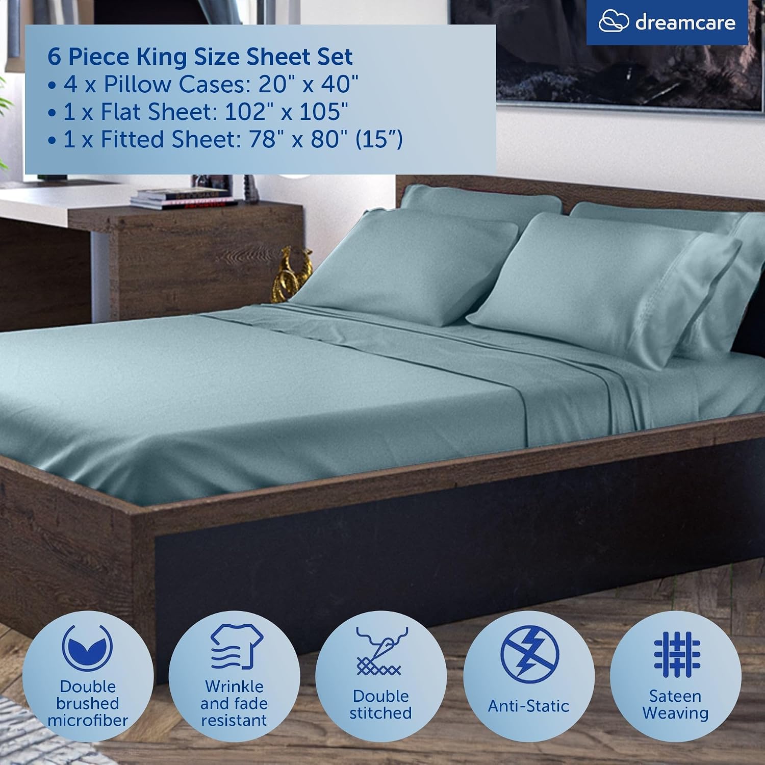 JUEGO DE SÁBANAS KING SIZE DREAMCARE 6 PIEZAS MICROFIBRA - 3