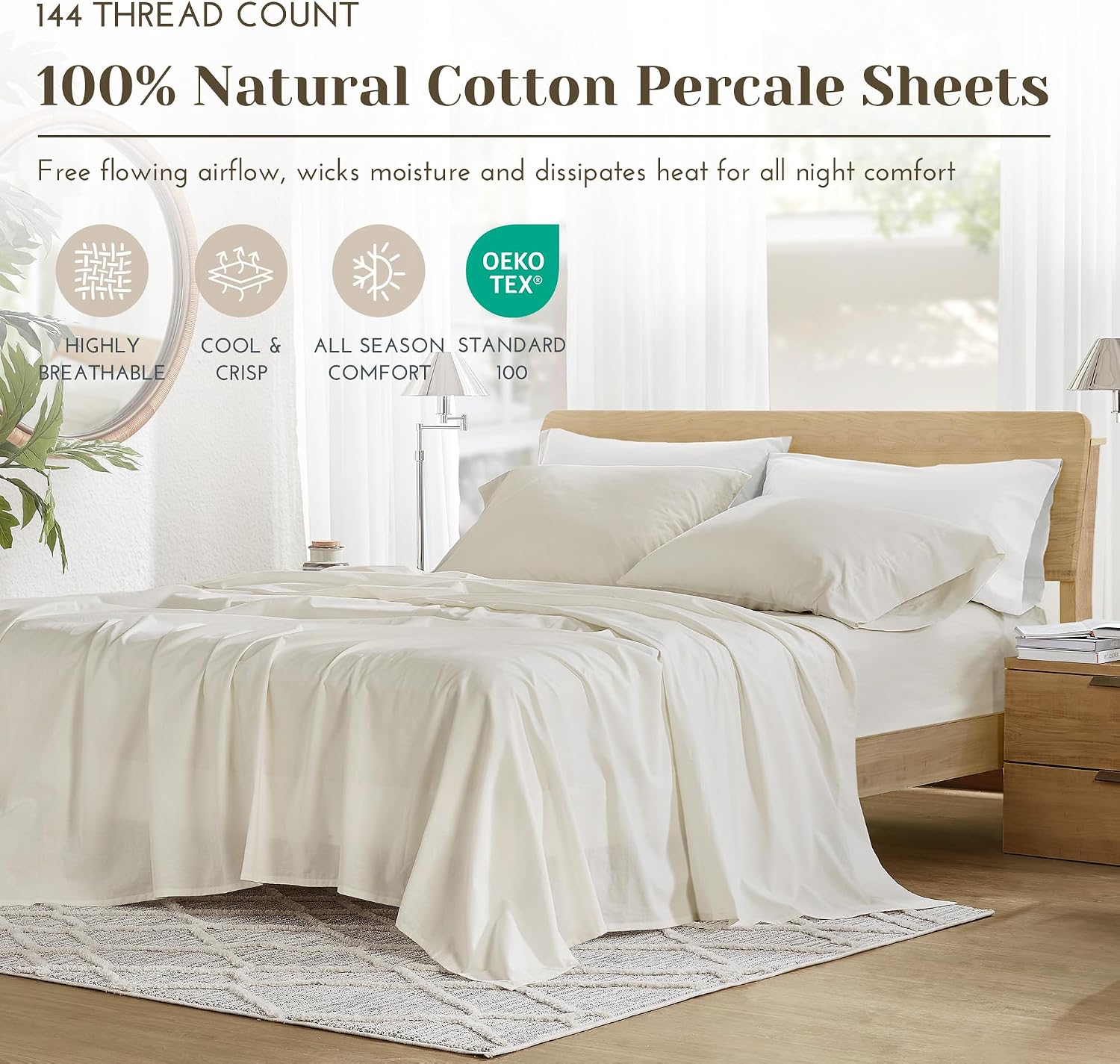 JUEGO DE SÁBANAS COMFORT SPACES QUEEN 4 PIEZAS ALGODÓN PERCAL MARFIL - 2
