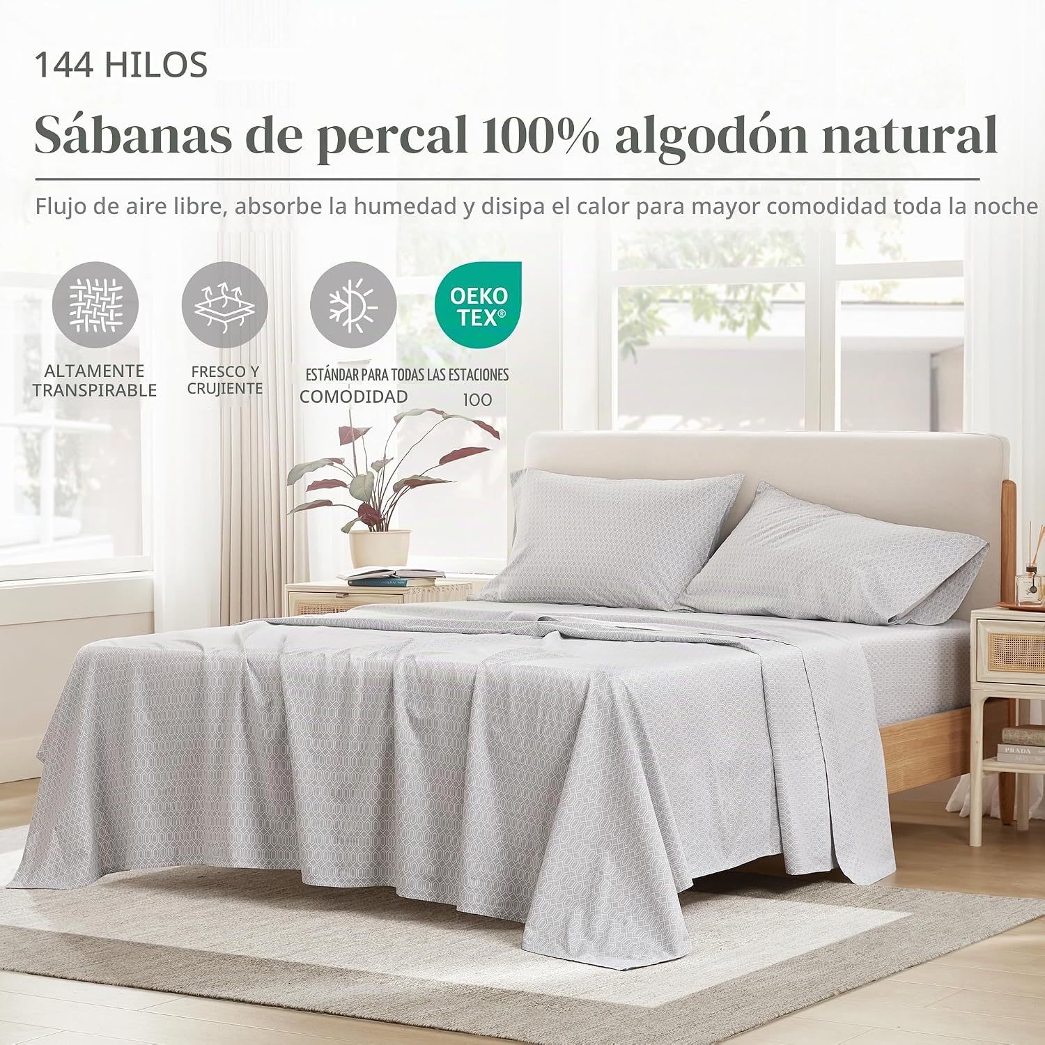 JUEGO DE SÁBANAS COMFORT SPACES PERCALE ALGODÓN 100% QUEEN 4 PIEZAS GRIS DIAMANTE - 2