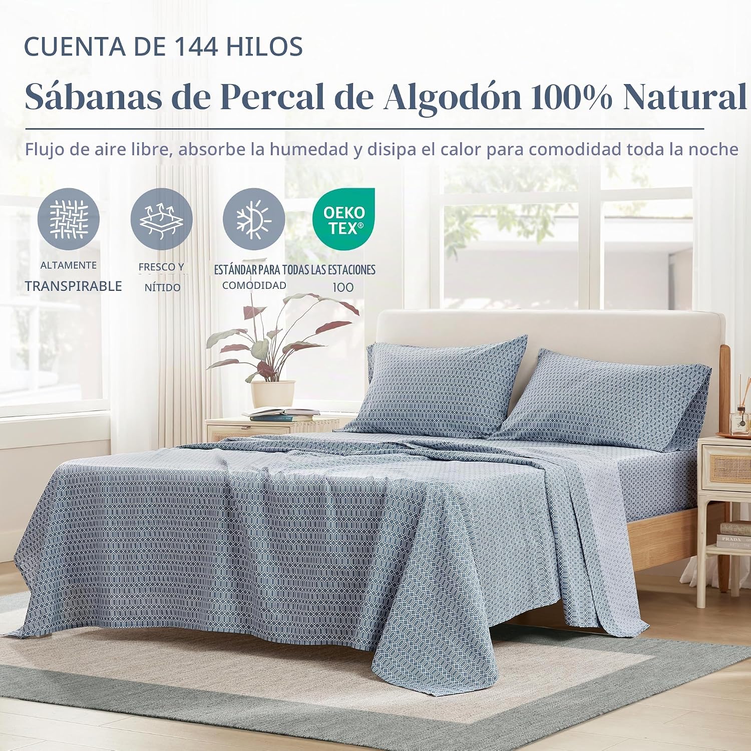JUEGO DE SÁBANAS COMFORT SPACES PERCALE ALGODÓN 100% QUEEN 4 PIEZAS AZUL DIAMANTE - 2