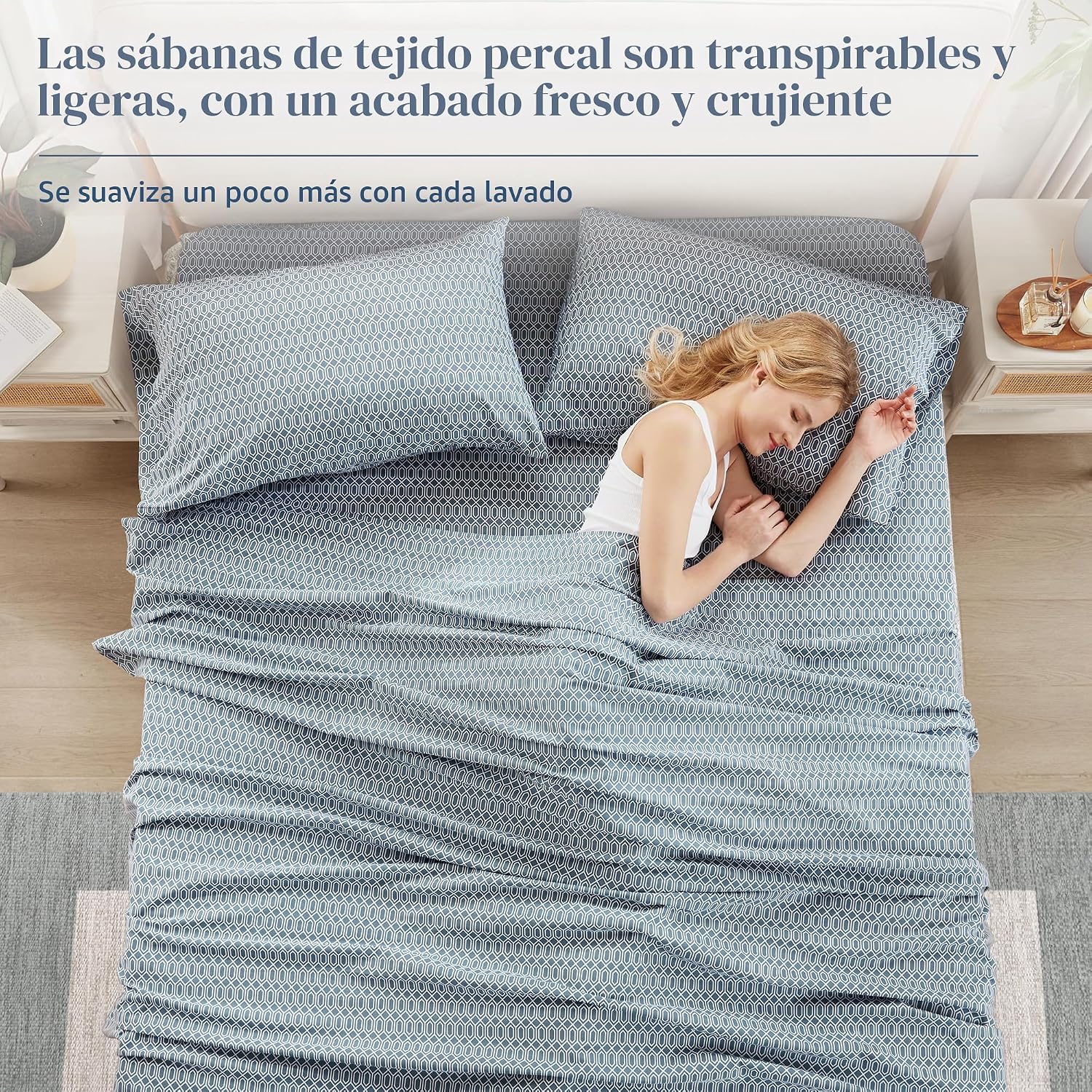 JUEGO DE SÁBANAS COMFORT SPACES PERCALE ALGODÓN 100% QUEEN 4 PIEZAS AZUL DIAMANTE - 3