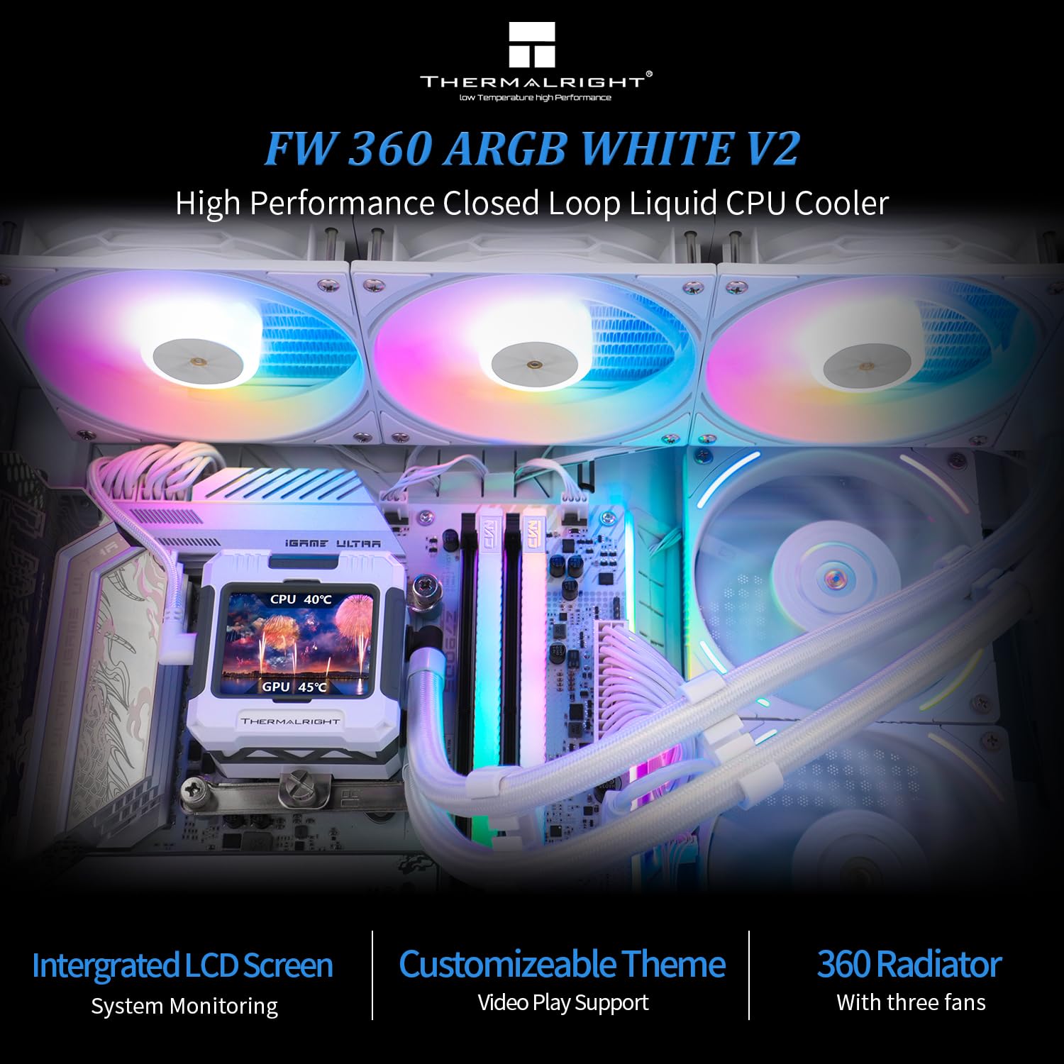 ENFRIADOR LÍQUIDO PARA CPU THERMALRIGHT FW 360 WHITE ARGB CON 3 VENTILADORES PWM Y PANTALLA IPS LCD - 2