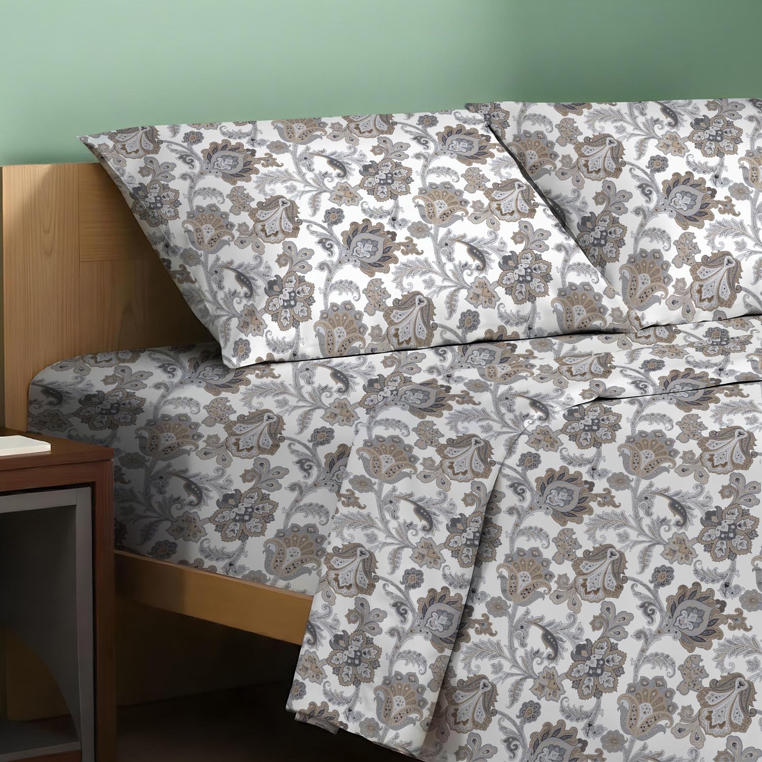 JUEGO DE SÁBANAS TEXAS LINEN CO. TWIN 3 PIEZAS ALGODÓN ORGÁNICO PERCAL ESTAMPADO FLORAL MARFIL - 1