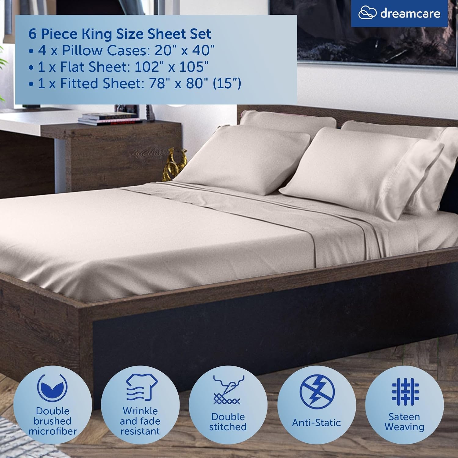 JUEGO DE SÁBANAS KING SIZE DREAMCARE 6 PIEZAS MICROFIBRA - 3