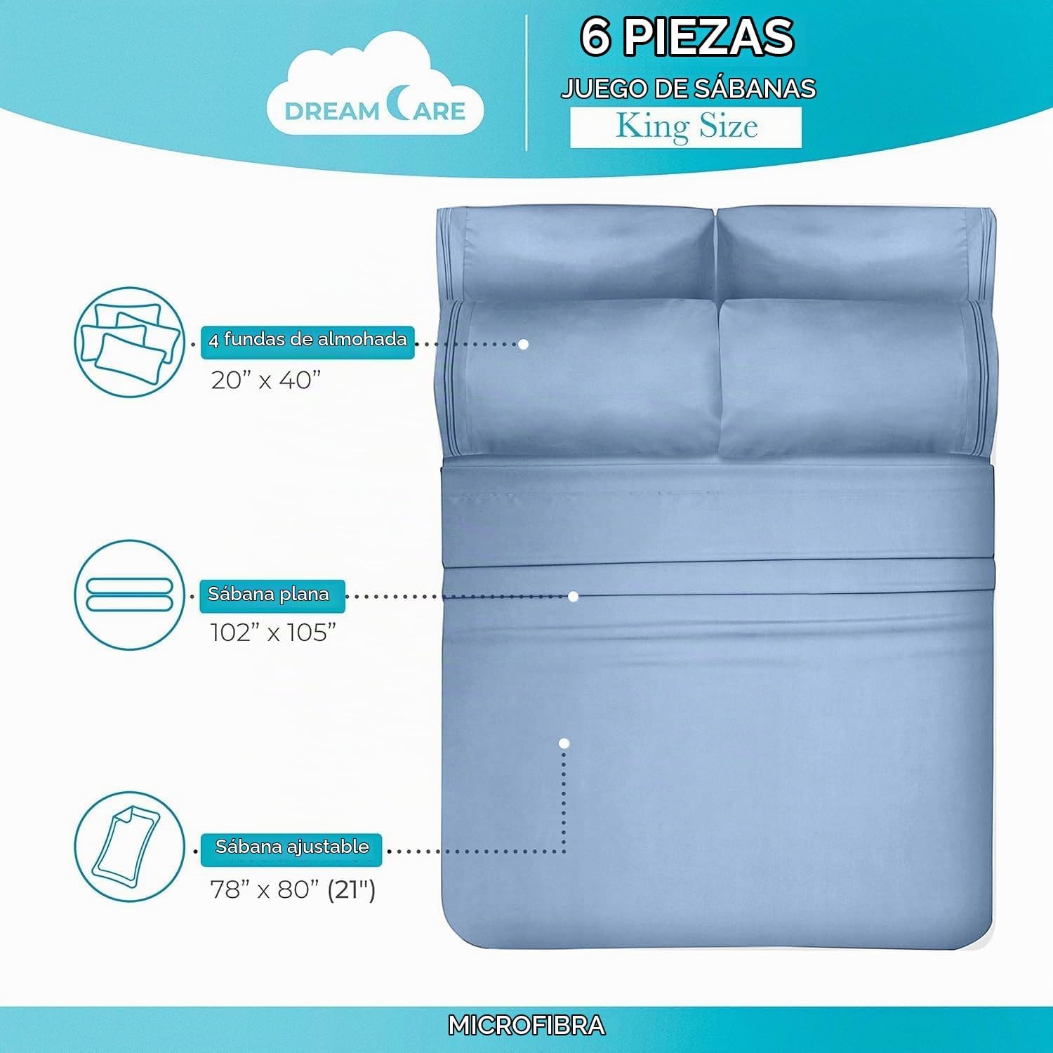 JUEGO DE SÁBANAS KING DREAMCARE 6 PIEZAS MICROFIBRA - 4