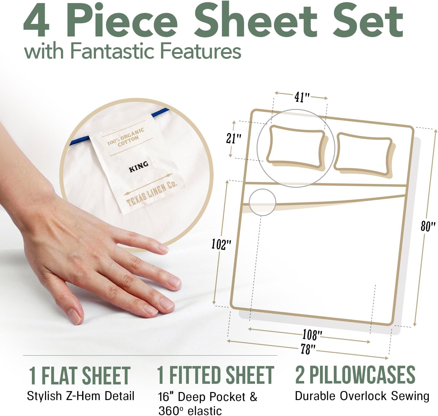 JUEGO DE SÁBANAS TEXAS LINEN CO. KING 100% ALGODÓN ORGÁNICO PERCAL BLANCO 4 PIEZAS - 4