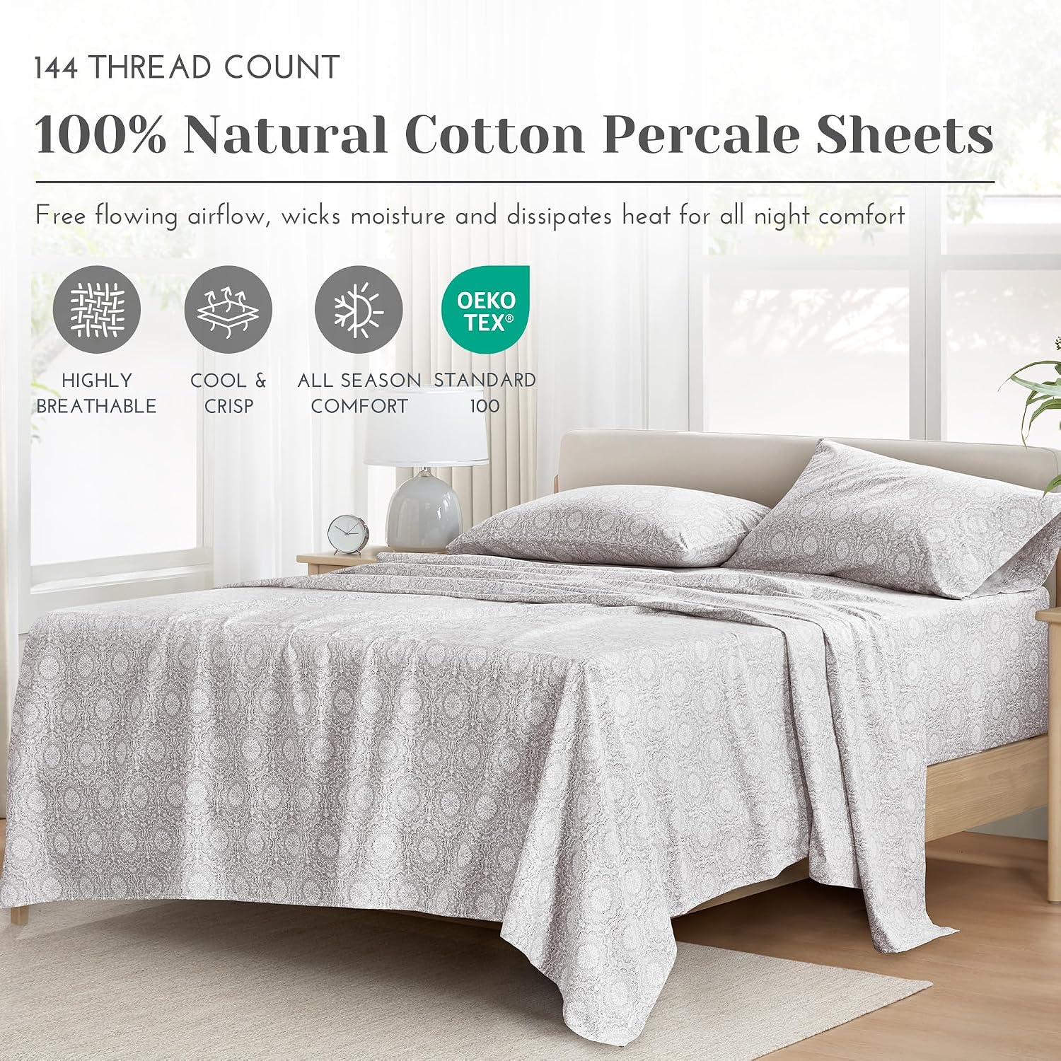 JUEGO DE SÁBANAS COMFORT SPACES ADELIA QUEEN 4 PIEZAS ALGODÓN PERCALE GRIS - 2