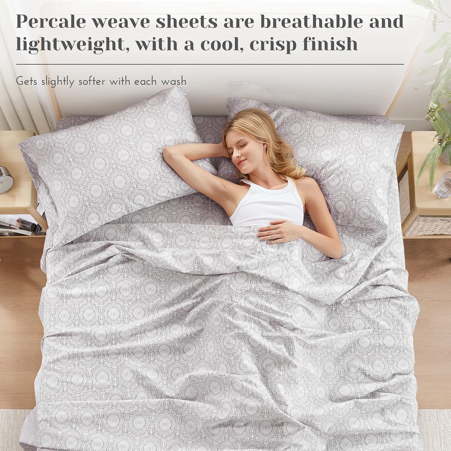 JUEGO DE SÁBANAS COMFORT SPACES ADELIA QUEEN 4 PIEZAS ALGODÓN PERCALE GRIS - 3