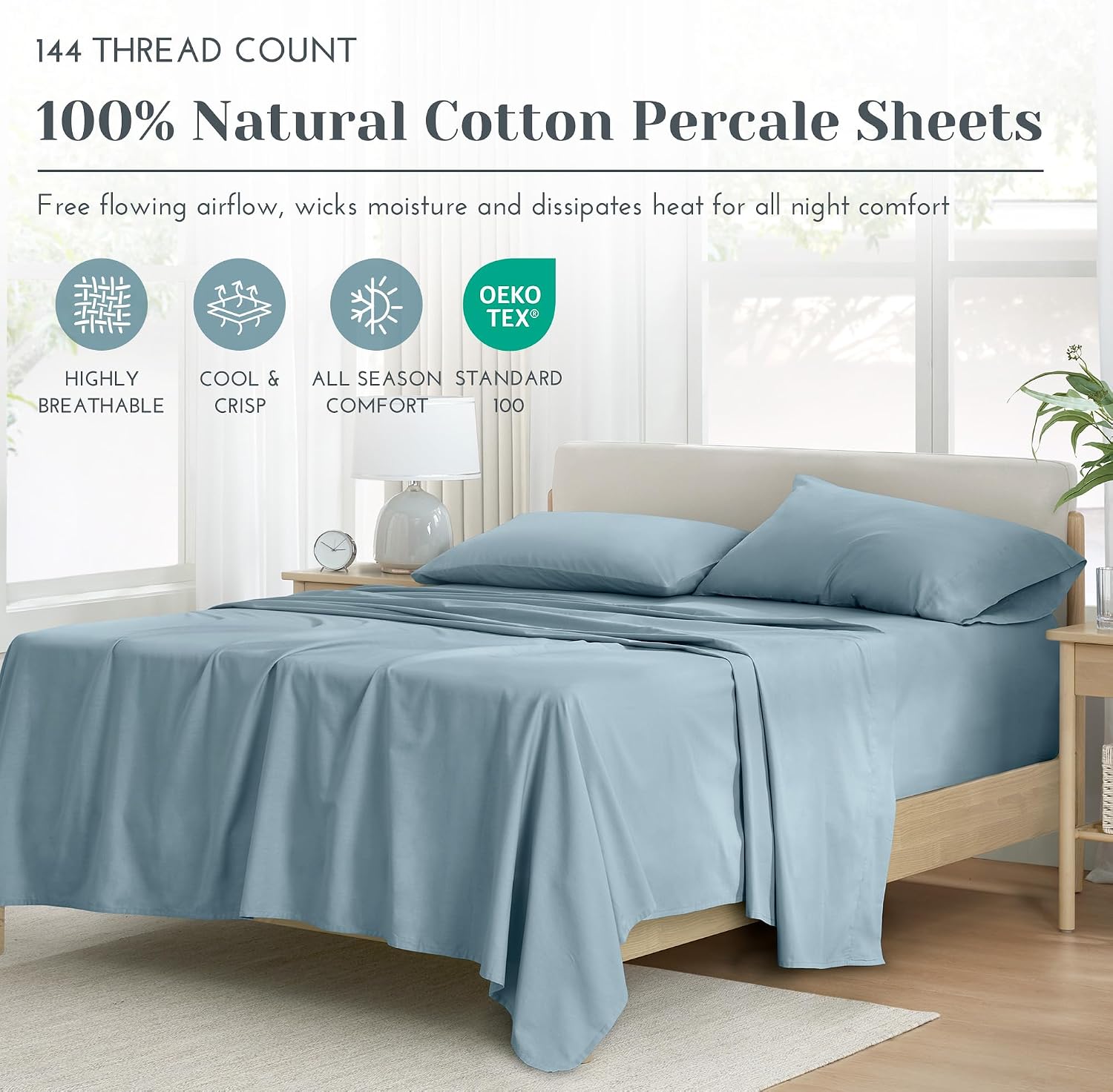 JUEGO DE SÁBANAS COMFORT SPACES TWIN 3 PIEZAS ALGODÓN PERCAL AZUL - 2