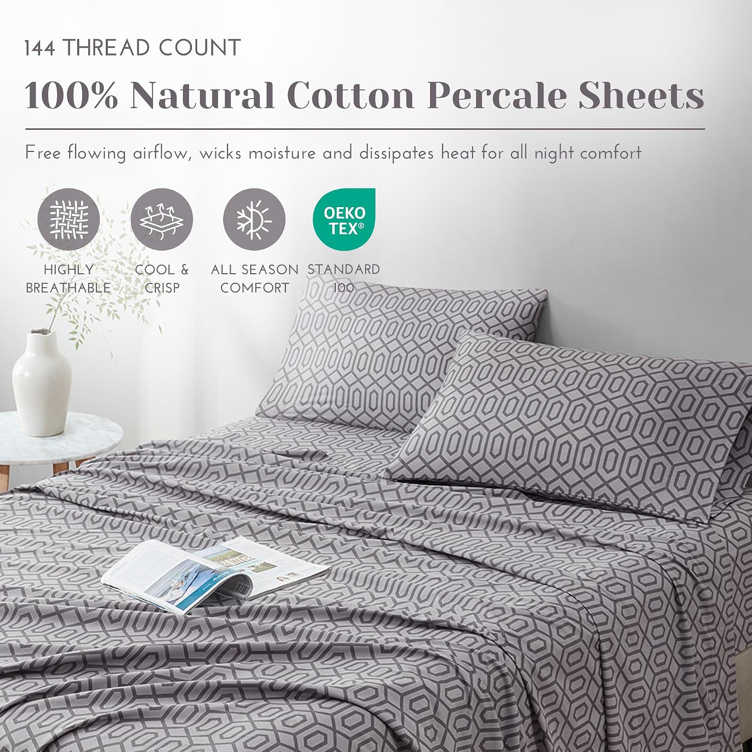 JUEGO DE SÁBANAS COMFORT SPACES PERCALE ALGODÓN 100% QUEEN 4 PIEZAS SILVER - 2