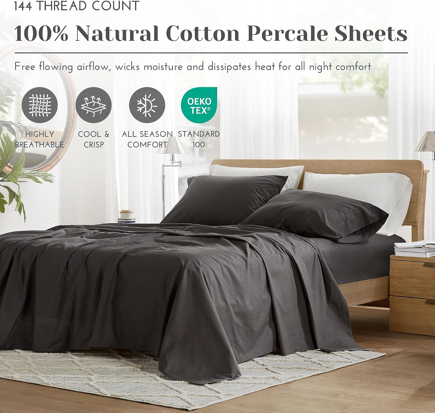 JUEGO DE SÁBANAS COMFORT SPACES PERCALE ALGODÓN 100% QUEEN 4 PIEZAS NEGRO - 2