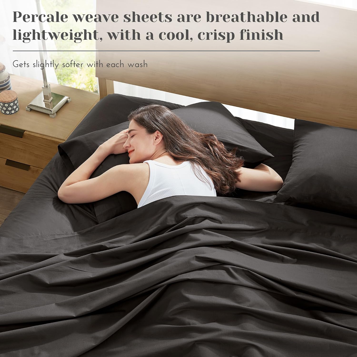 JUEGO DE SÁBANAS COMFORT SPACES PERCALE ALGODÓN 100% QUEEN 4 PIEZAS NEGRO - 3