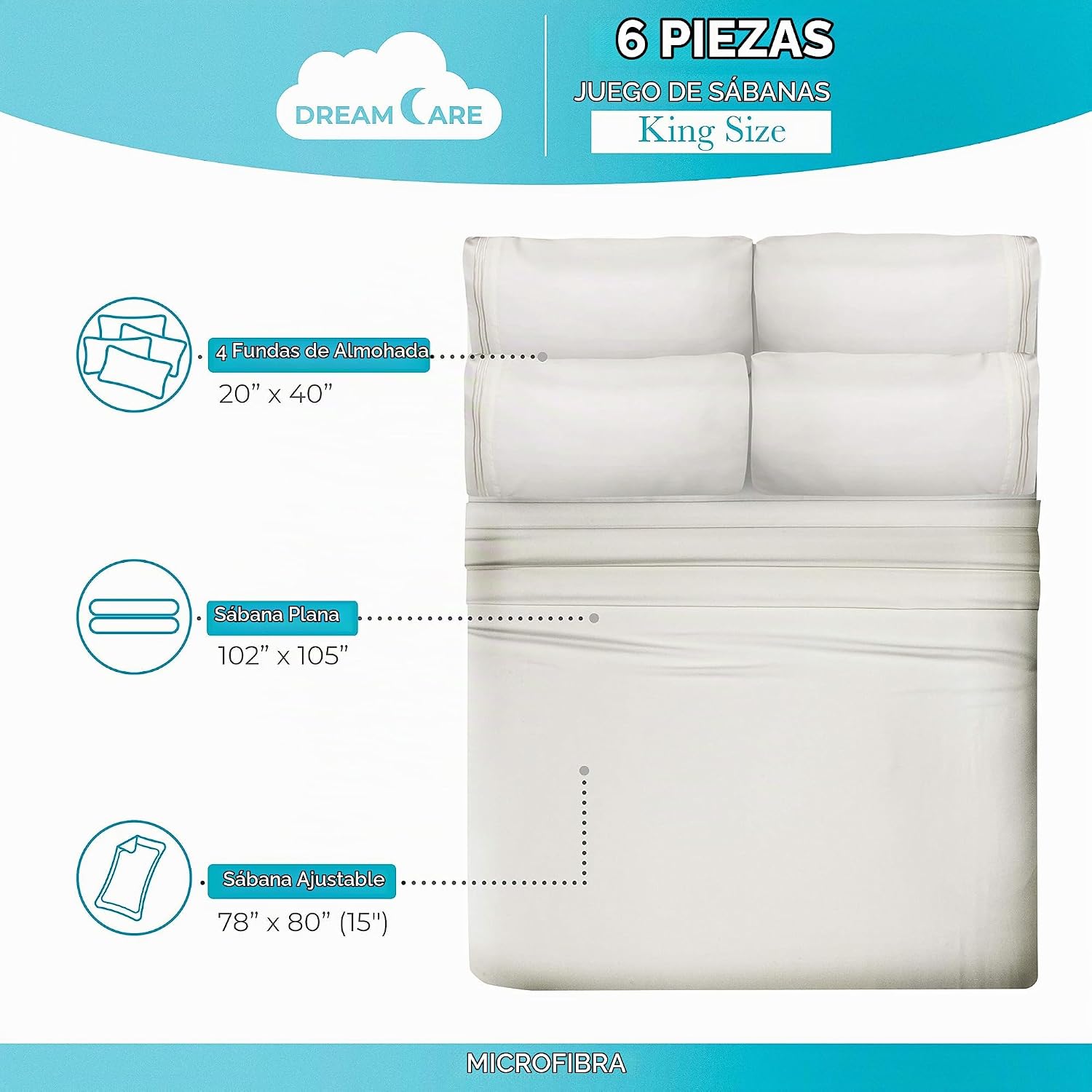 JUEGO DE SÁBANAS KING DREAMCARE 6 PIEZAS MICROFIBRA - 4