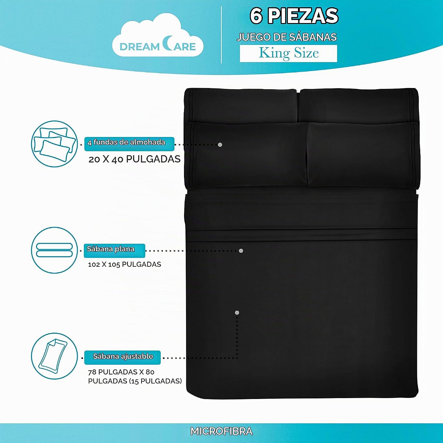 JUEGO DE SÁBANAS KING DREAMCARE 6 PIEZAS MICROFIBRA CON BOLSILLO LATERAL - 3