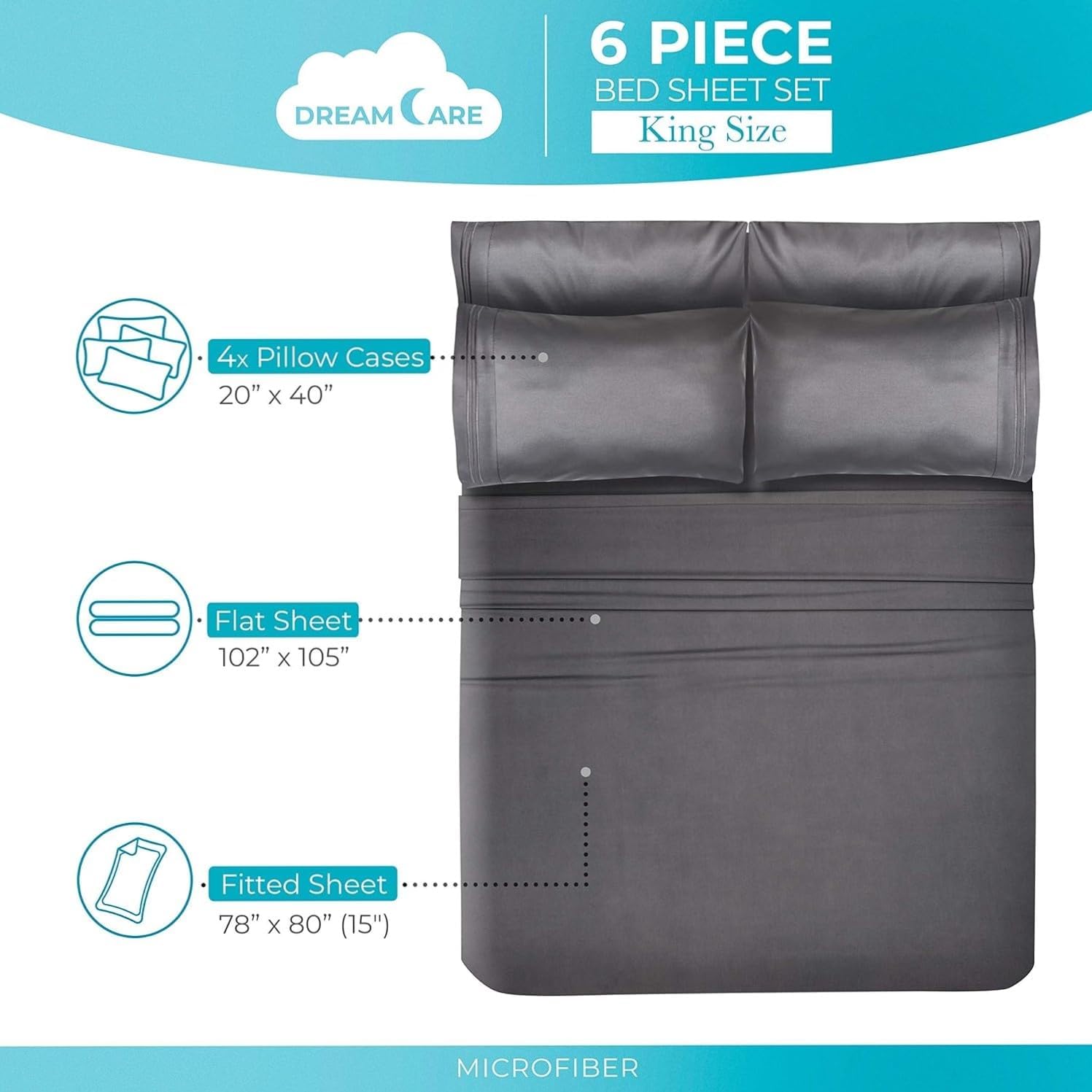JUEGO DE SÁBANAS KING SIZE DREAMCARE 6 PIEZAS MICROFIBRA - 3