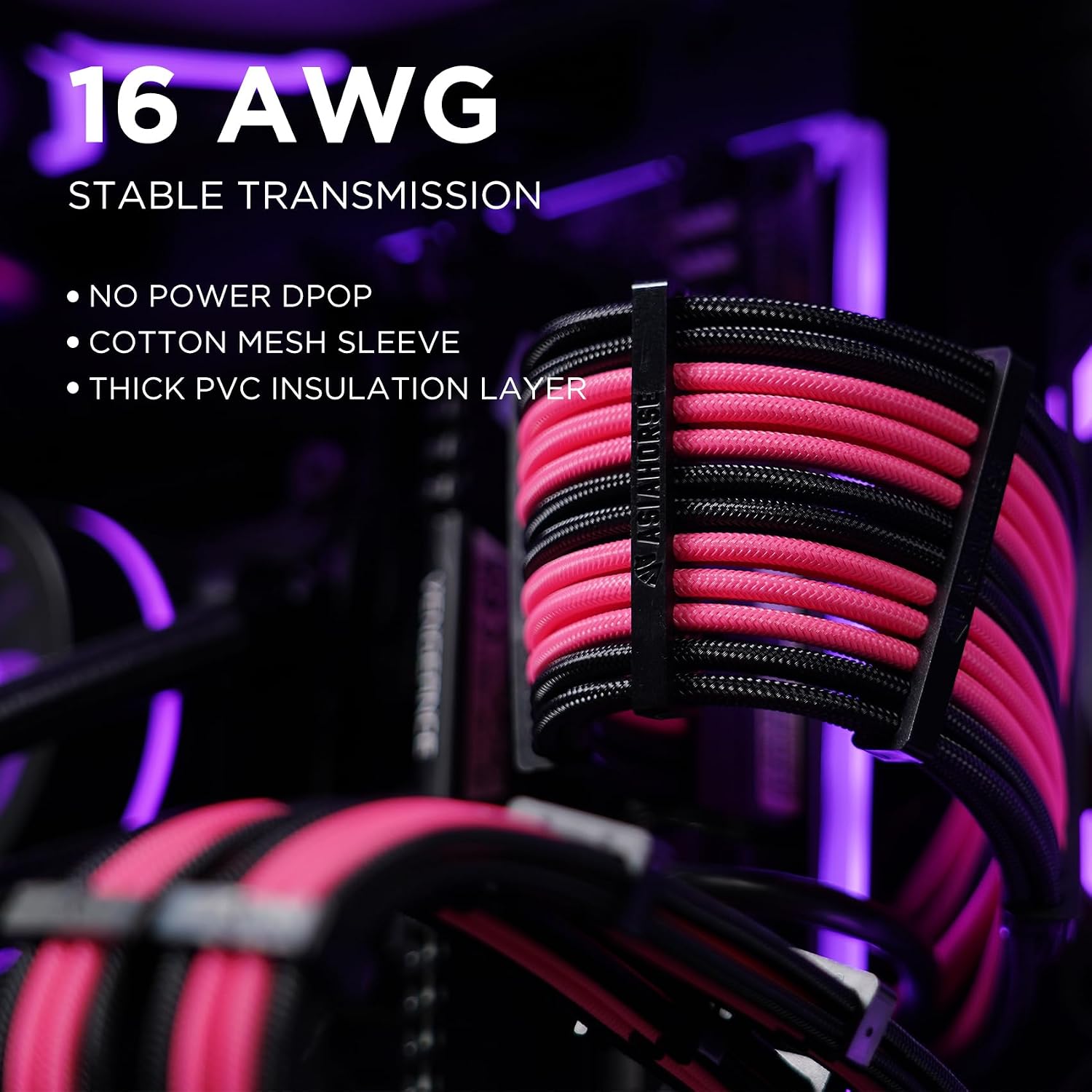 CABLE EXTENSOR DE FUENTE DE PODER ASIAHORSE 16AWG 30CM NEGRO-ROSA CON KIT DE PEINES 24P/8P A 6+2P/8P A 4+4P - 3