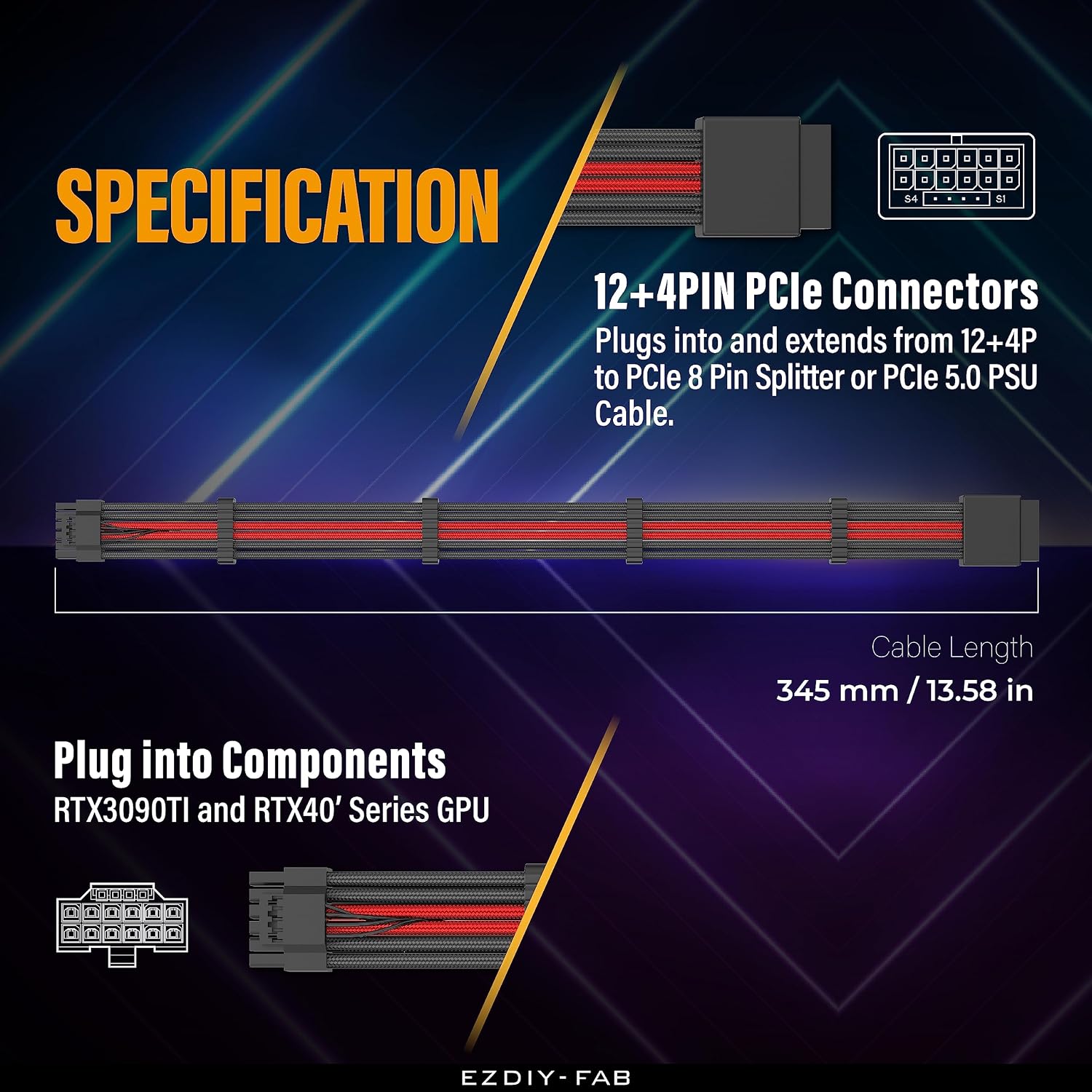 CABLE DE EXTENSIÓN PCIE 5.0 EZDIY-FAB 16PIN (12+4) 12VHPWR PARA GPU COMPATIBLE CON RTX 5080, 5070, 4090, 4080, 4070 - 3