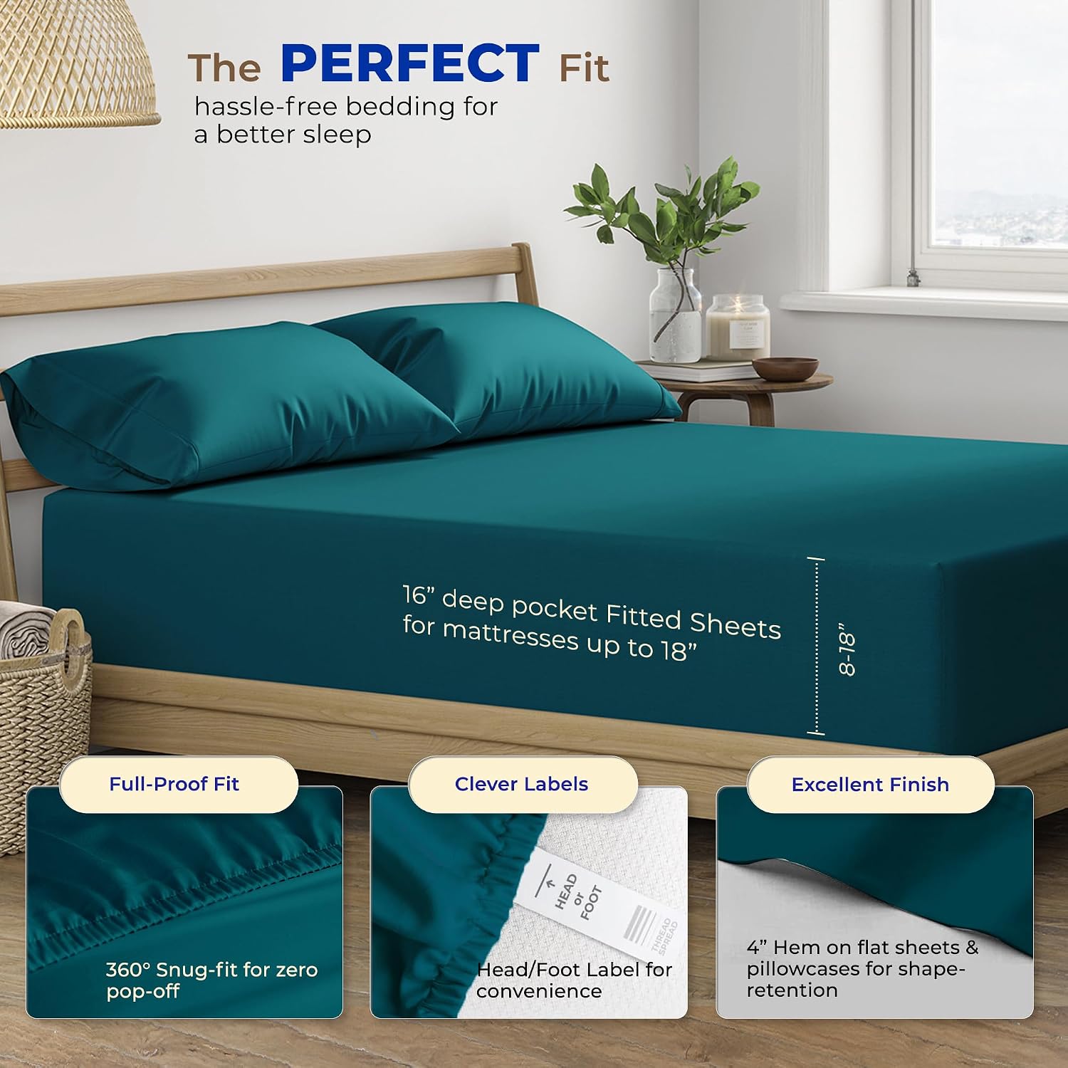 JUEGO DE SÁBANAS THREAD SPREAD EGYPTIAN COTTON KING 4 PIEZAS VERDE AZULADO 16' PROFUNDIDAD - 5