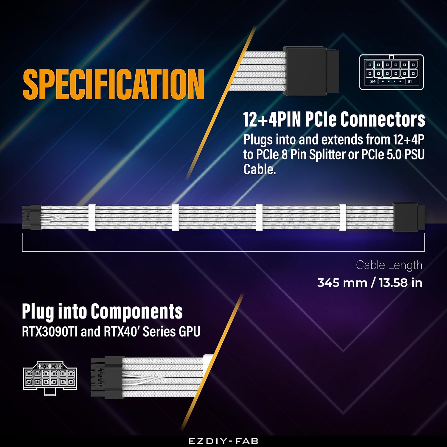 CABLE DE EXTENSIÓN DE PODER PCIE 5.0 EZDIY-FAB 16PIN (12+4) 16AWG BLANCO COMPATIBLE CON RTX 5080, 5070, 4090, 4080, 4070 - 3