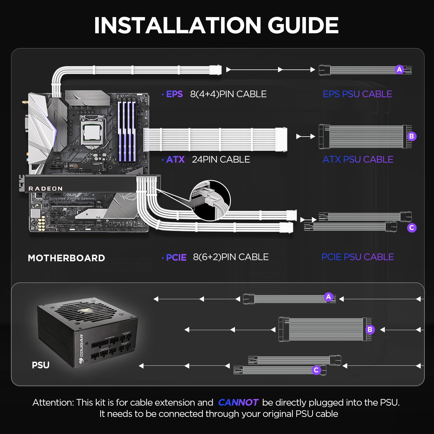 CABLE DE EXTENSIÓN PSU ASIAHORSE 16AWG 30CM CON CONECTORES 24P/8P A 6+2P/8P A 4+4P TRENZADO - 2