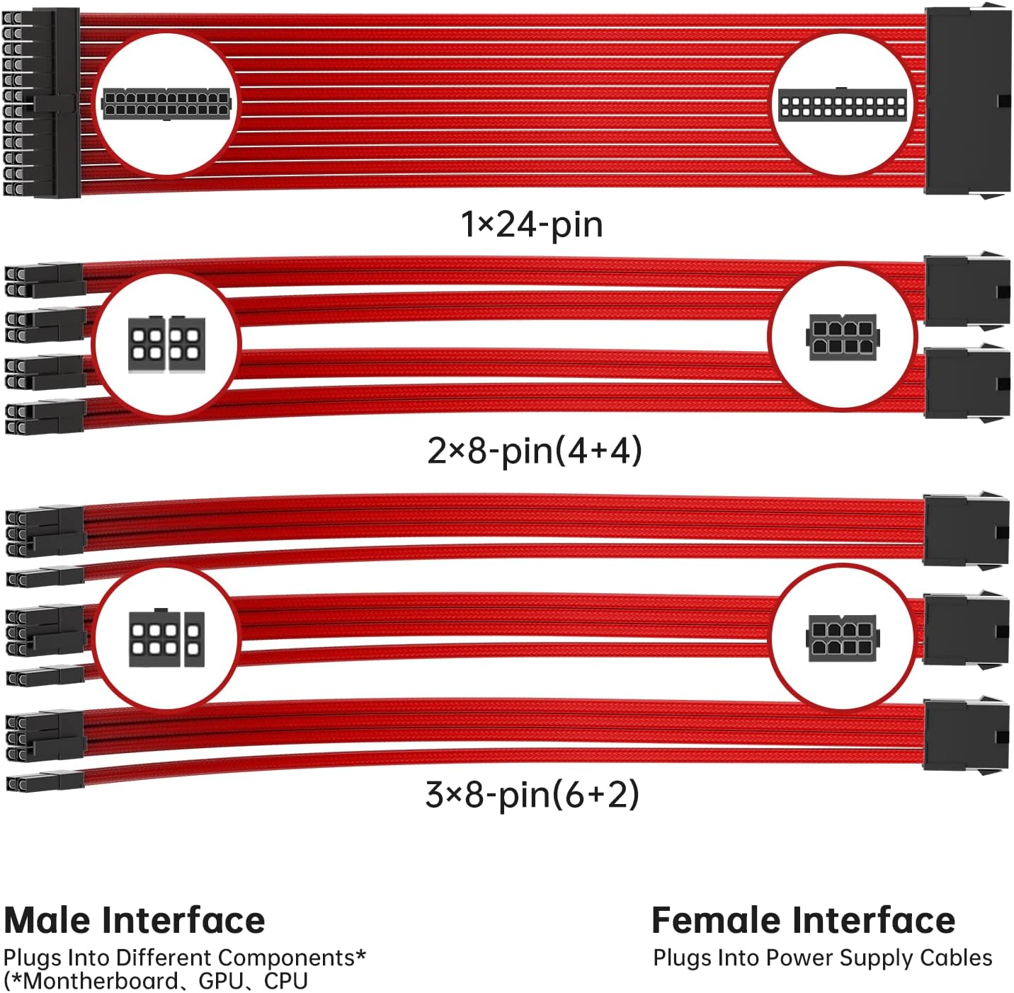 CABLE EXTENSOR PARA FUENTE DE PODER ASIAHORSE 16AWG 1X24PIN/2X4+4 EPS/3X6+2 PCI-E 30CM ROJO DUAL EPS - 2
