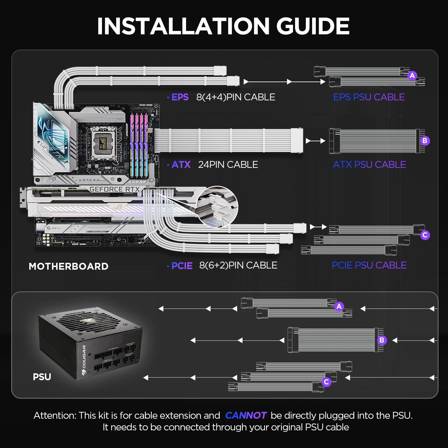 KIT DE EXTENSIÓN DE CABLES PARA FUENTE DE PODER ASIAHORSE 16 AWG 30 CM BLANCO 1X24PIN/2X4+4 EPS/3X6+2 PCI-E - 2