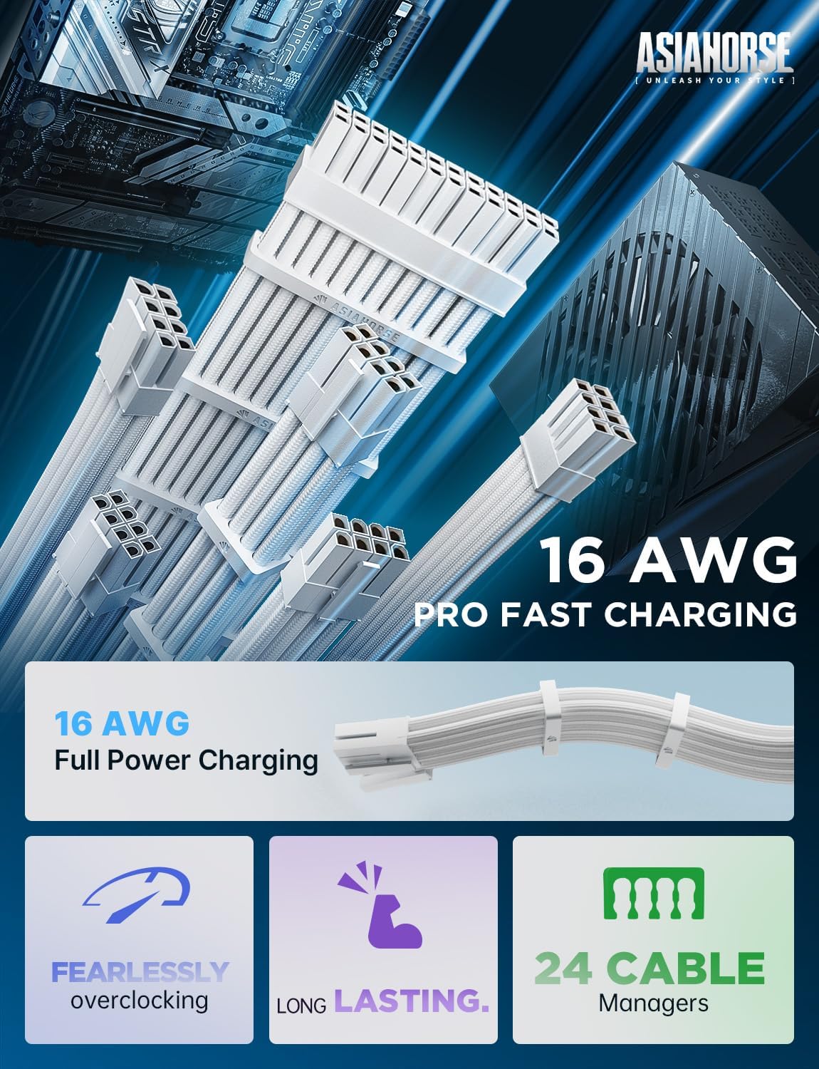 KIT DE EXTENSIÓN DE CABLES PARA FUENTE DE PODER ASIAHORSE 16 AWG 30 CM BLANCO 1X24PIN/2X4+4 EPS/3X6+2 PCI-E - 3