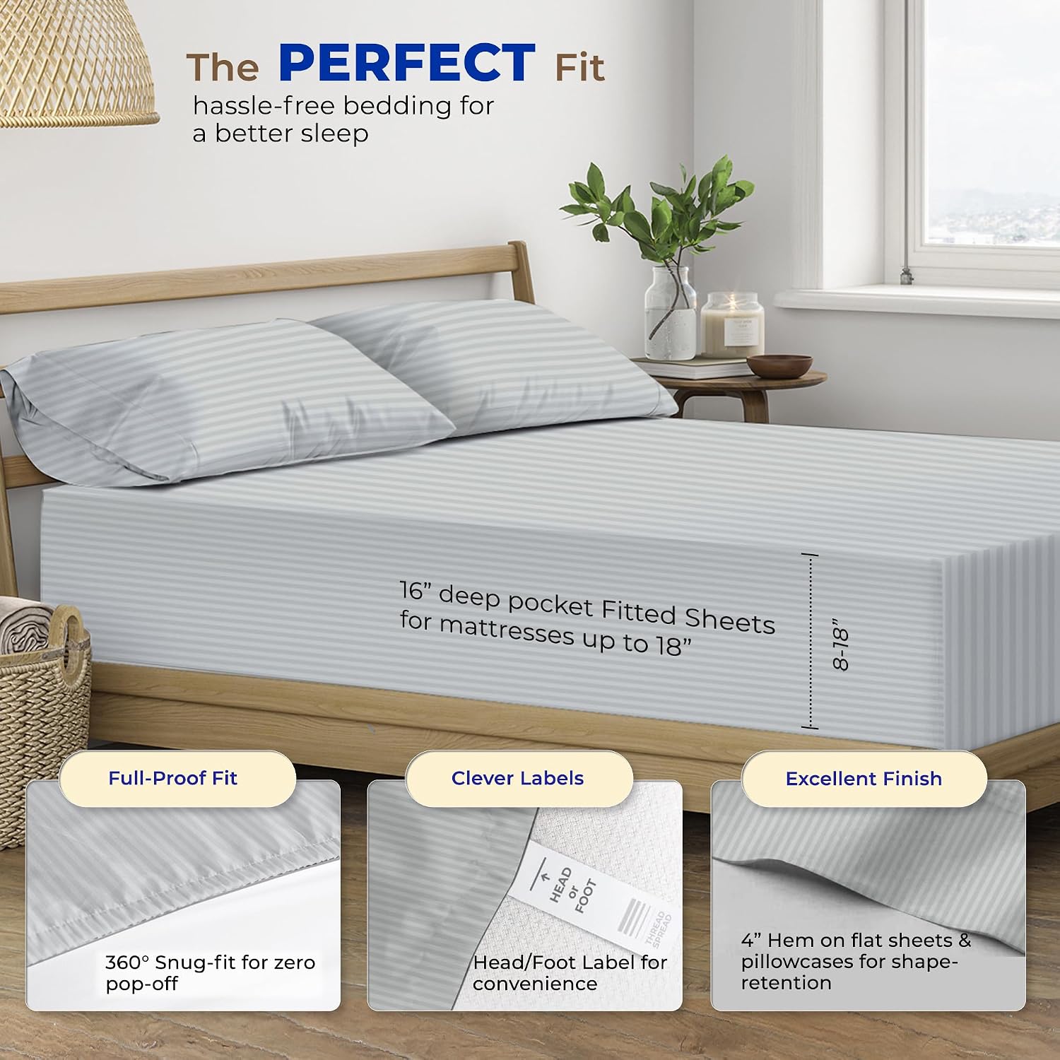 JUEGO DE SÁBANAS THREAD SPREAD EGYPTIAN COTTON KING SIZE 4 PIEZAS PLATA CON RAYAS - 4