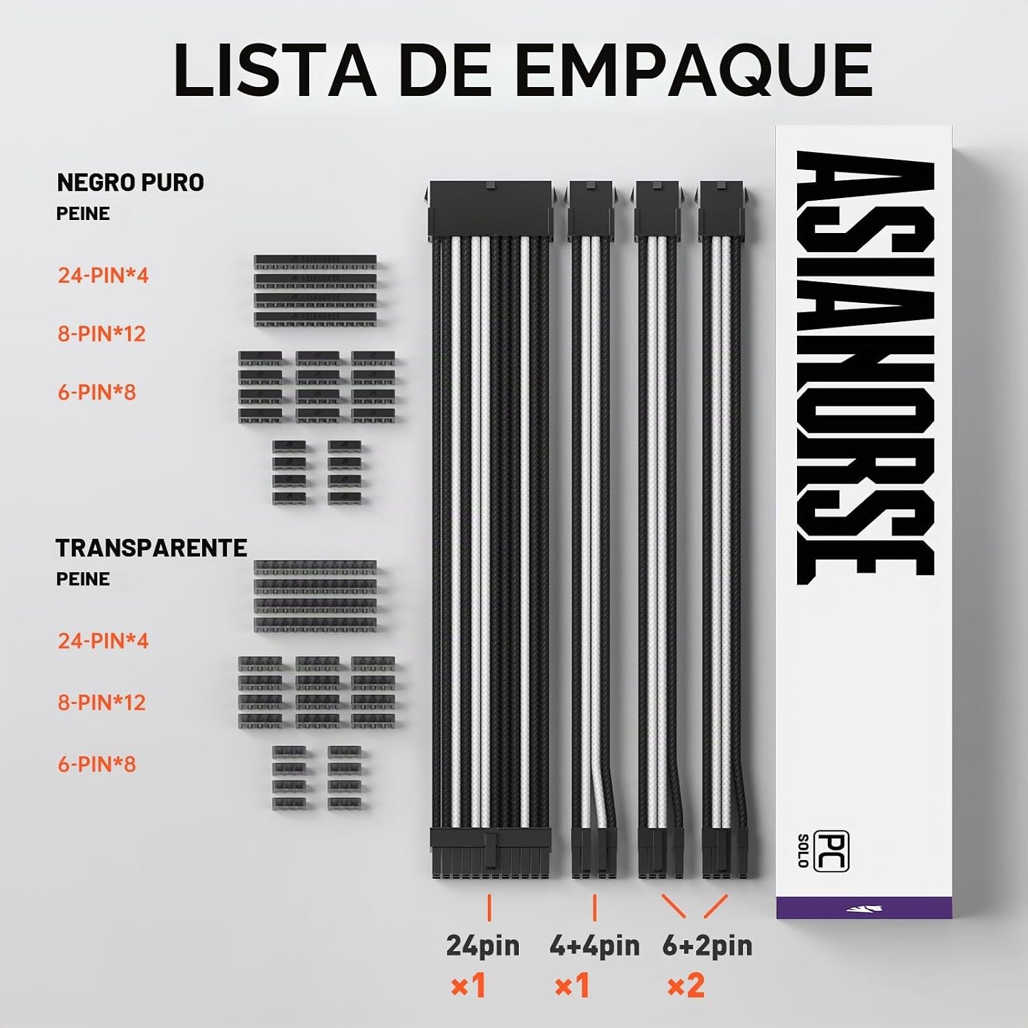 CABLE DE EXTENSIÓN PSU ASIAHORSE 18AWG 30CM NEGRO Y BLANCO CON KIT DE PEINES 24P/8P A 6+2P/8P A 4+4P - 2