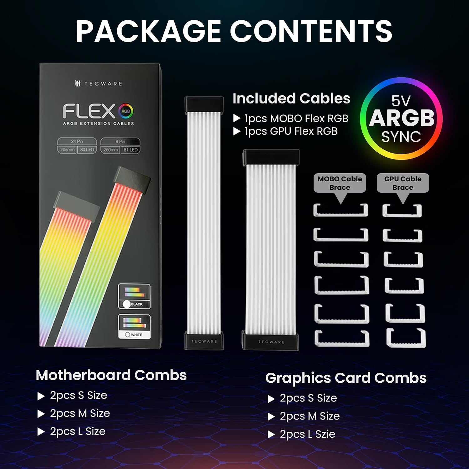 KIT DE CUBIERTAS PARA CABLES FLEX RGB TECWARE COMPATIBLE CON MOTHERBOARD 24 PINES Y GPU 8/16 PINES - 4
