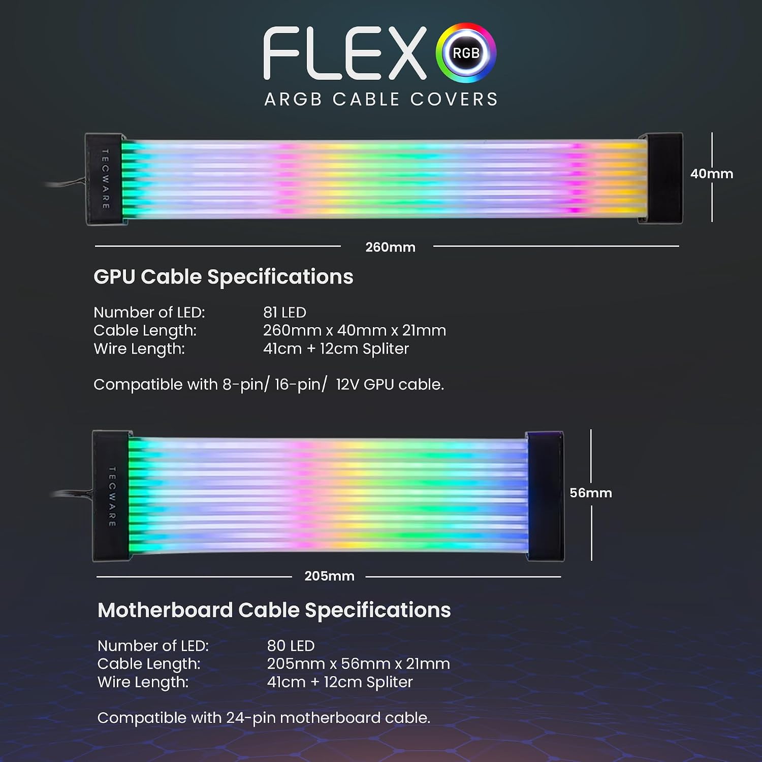 KIT DE CUBIERTAS PARA CABLES FLEX RGB TECWARE COMPATIBLE CON MOTHERBOARD 24 PINES Y GPU 8/16 PINES - 5