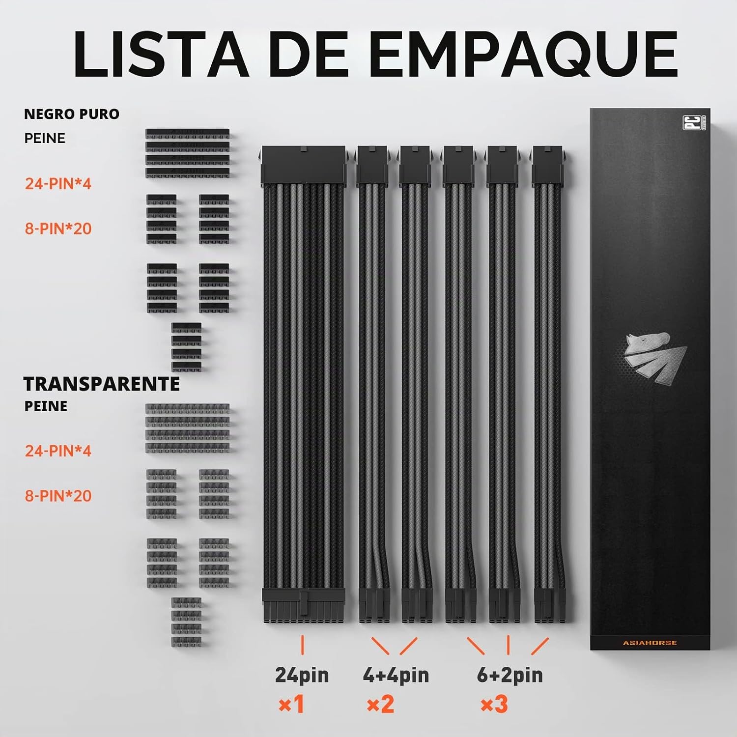 CABLE EXTENSOR PARA FUENTE DE PODER ASIAHORSE KIT 1X24-PIN/ 2X8-PORT (4+4) M/B, 3X8-PORT (6+2) PCI-E 30CM NEGRO - 2