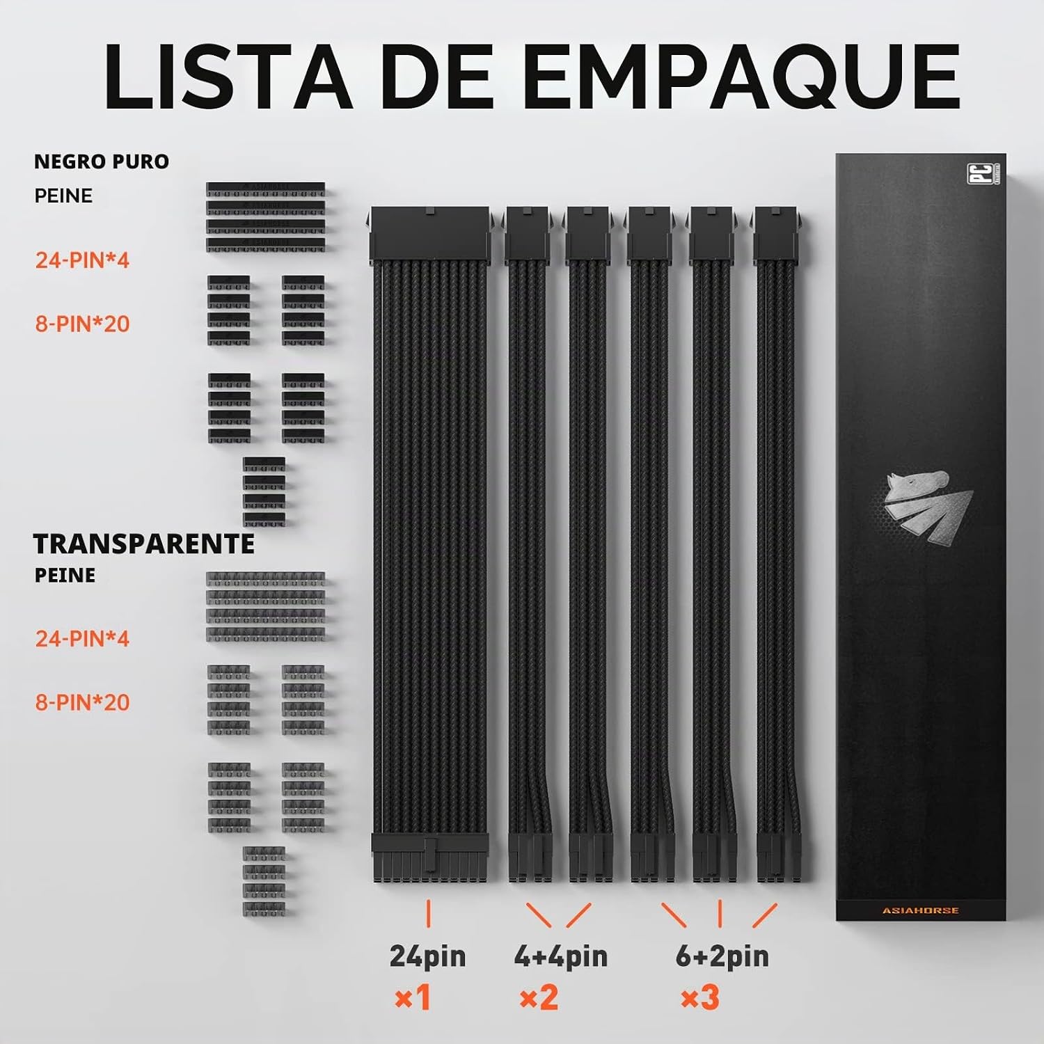 CABLE EXTENSOR PARA FUENTE DE PODER ASIAHORSE 16AWG KIT 1X24-PIN/2X8-PIN (4+4) M/B, 3X8-PIN (6+2) PCI-E 30CM NEGRO - 2