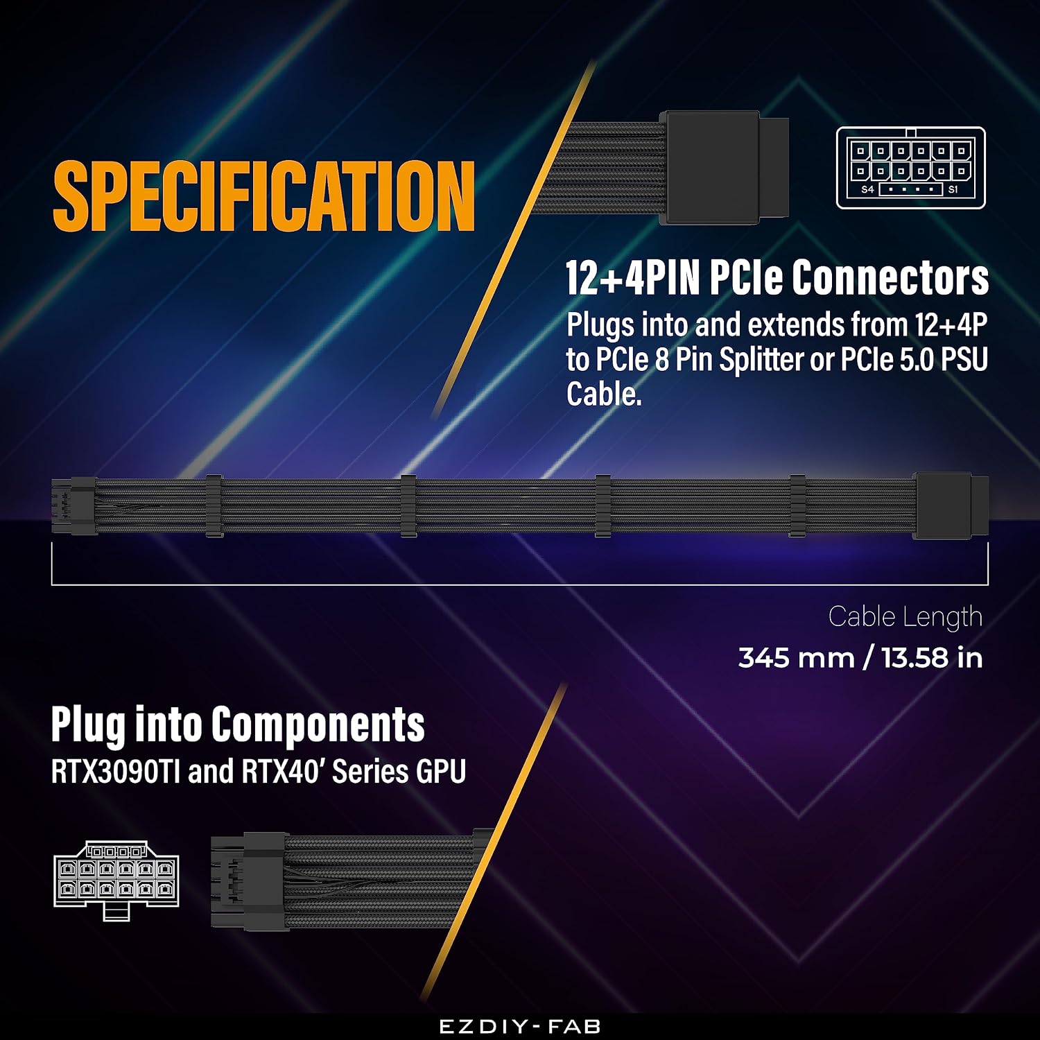 CABLE DE EXTENSIÓN EZDIY-FAB 16PIN (12+4) 12VHPWR PCIE 5.0 PARA GPU COMPATIBLE CON RTX 5080, 5070, 4090, 4080, 4070 - 3